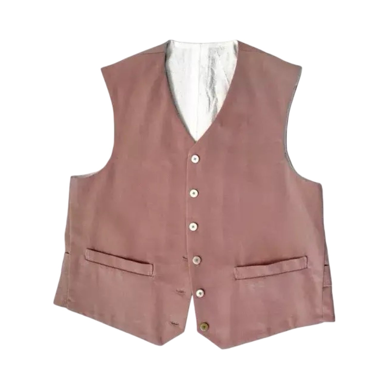 Sewing pattern for a waistcoat with a structured, boxy fit, two welt pockets and a simple stitched belt at the back.