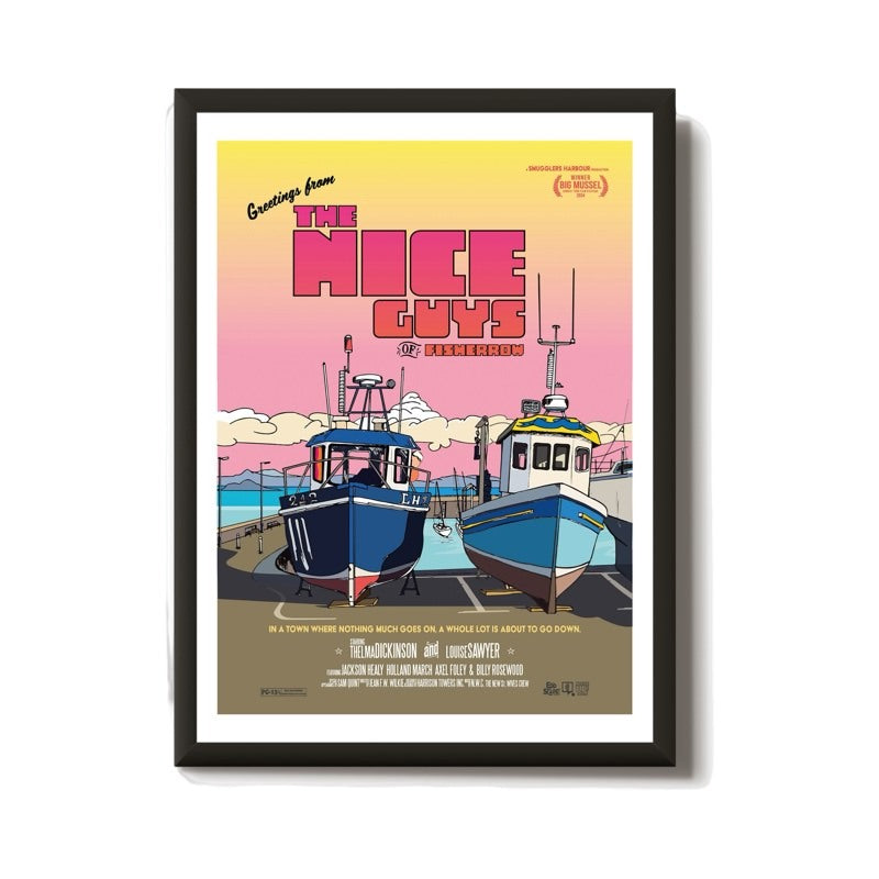 This print features a movie poster design with an illustration of fishing boats in Fisherrow Harbour, Musselburgh, Scotland