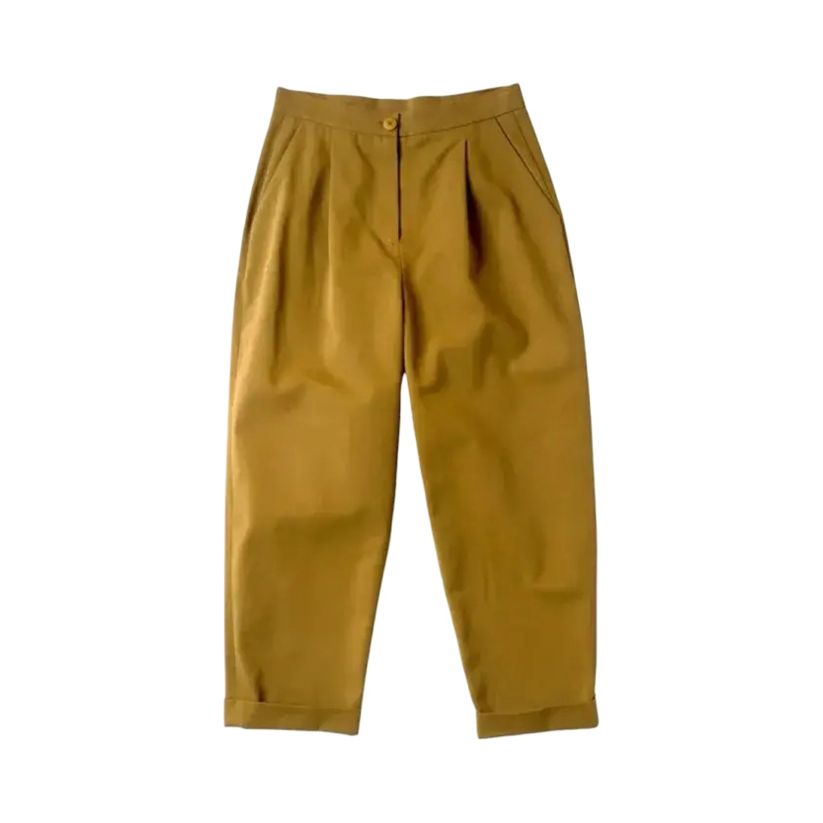 Sewing pattern for a pair of 'peg' trousers featuring a fly front, angled pockets and turn-ups. 