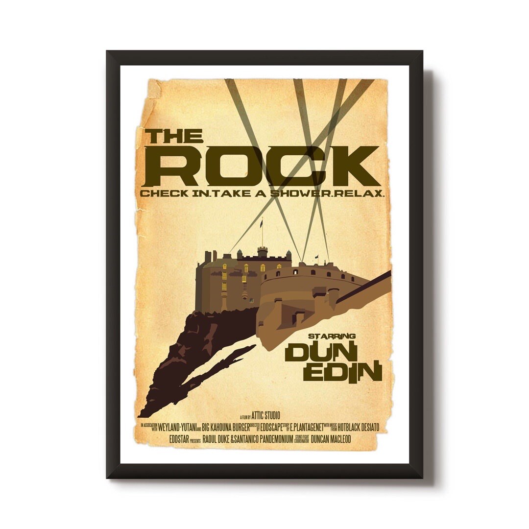 This print features a movie poster design of Edinburgh Castle "The Rock"