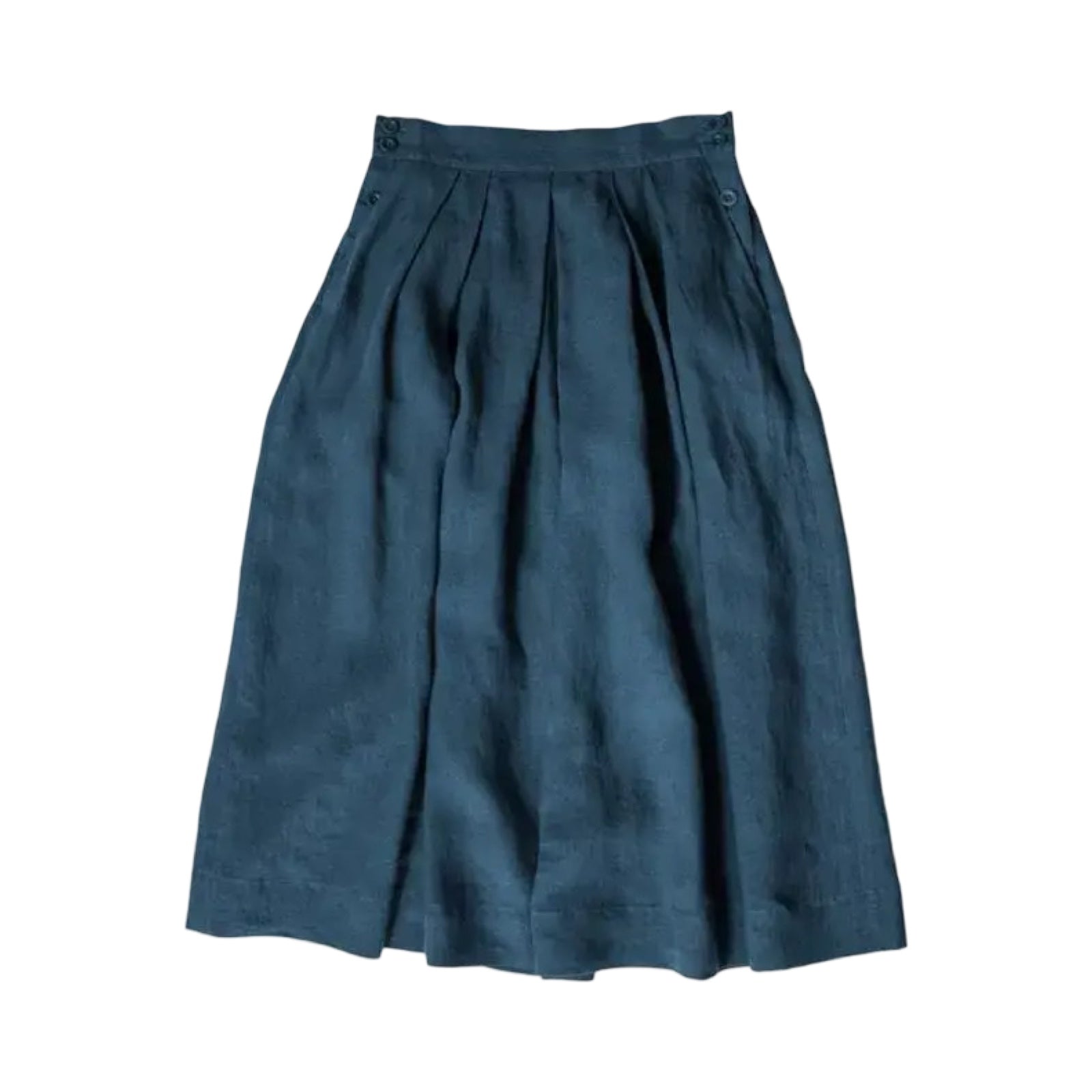 Sewing pattern for an A-line skirt with slanted pockets, side button fastenings and pleats for fullness.