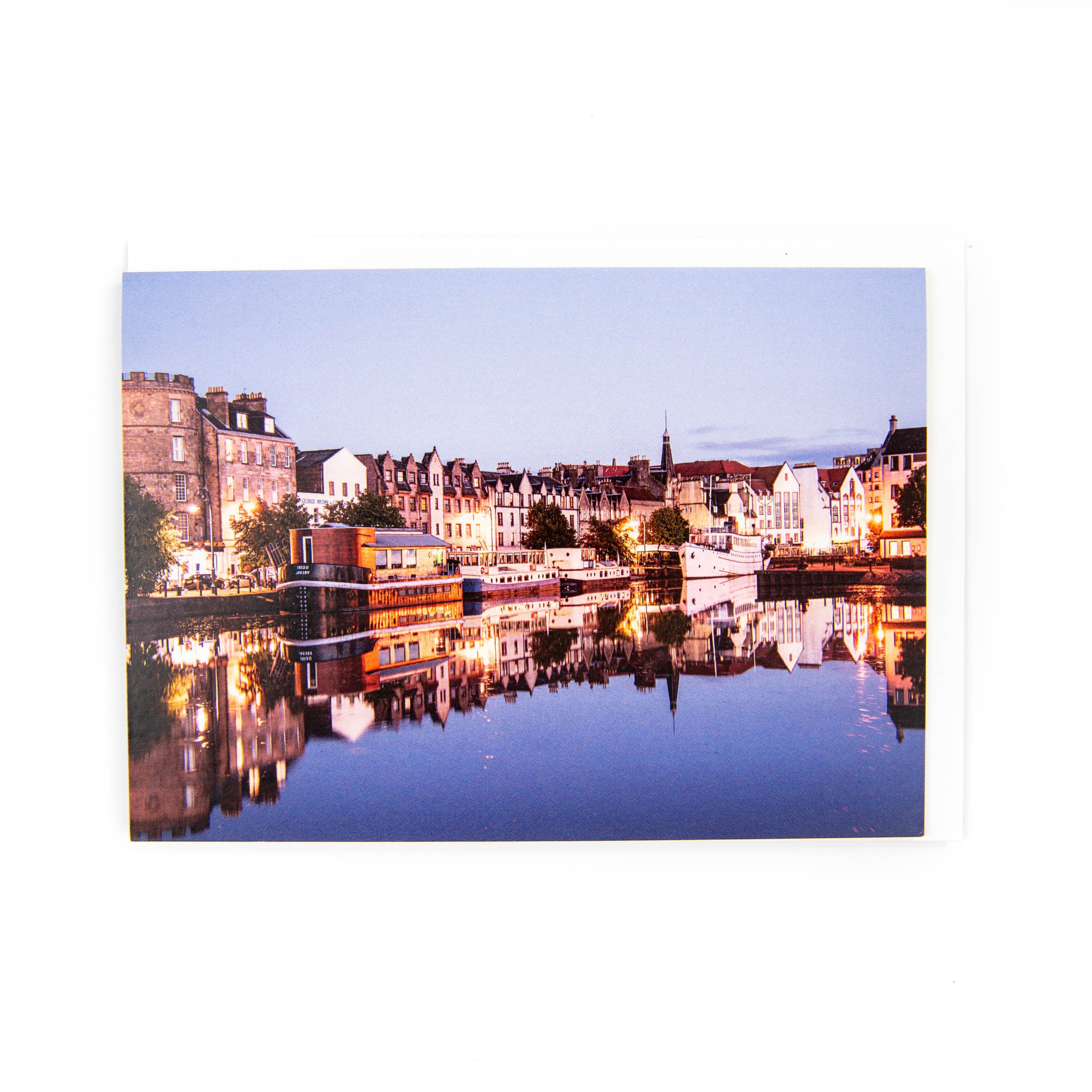 An A6 greetings card featuring a photograph of the Shore, Leith with reflections in the water.