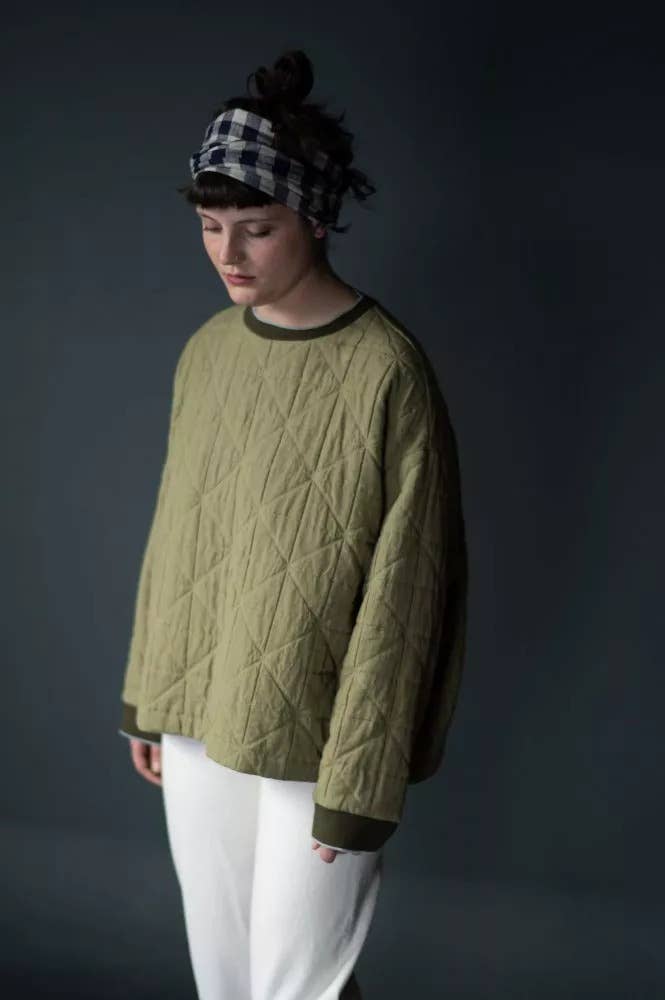 Sewing pattern for a boxy sweatshirt with a loose crew neck and finger-skimming sleeves