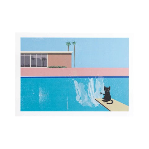 Cat print featuring an illustration of a black cat sitting on the end of a diving board at a swimming pool, inspired by the artist David Hockneys 'Bigger Splash' painting.