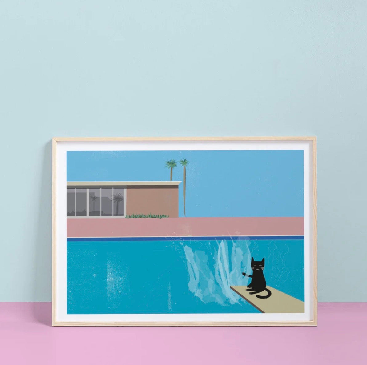 Framed artwork of a black cat by a pool with a minimalistic background.