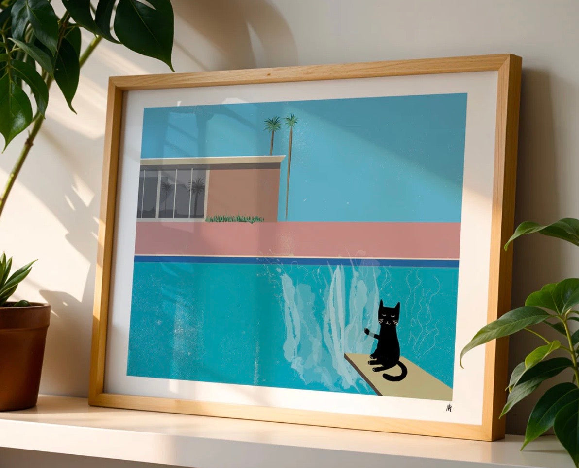 Framed artwork of a cat by a pool with a minimalistic building in the background.