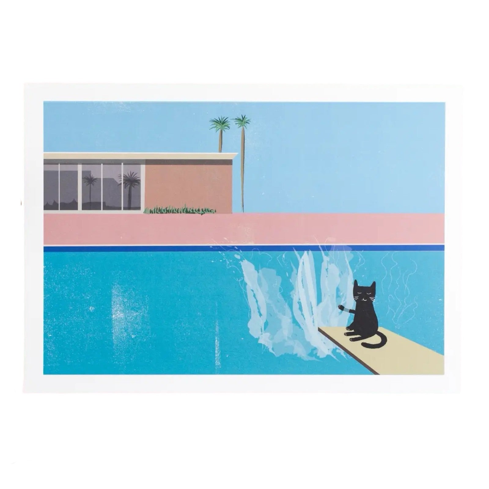 Cat print featuring an illustration of a black cat sitting on the end of a diving board at a swimming pool, inspired by the artist David Hockneys 'Bigger Splash' painting.