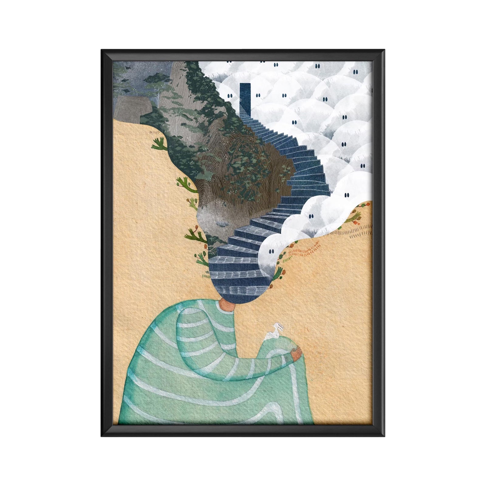 Folk print of a person dressed in green with a stairway coming out of their head that leads to a land of adventure.