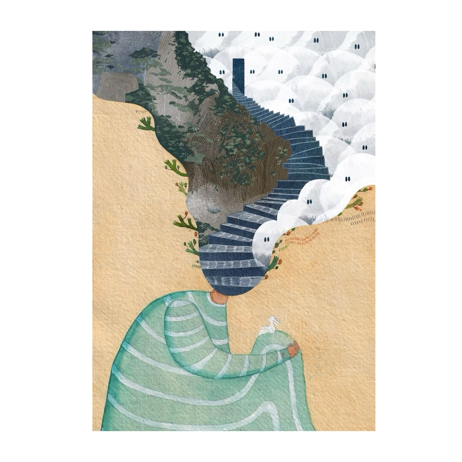 Folk print of a person dressed in green with a stairway coming out of their head that leads to a land of adventure. 