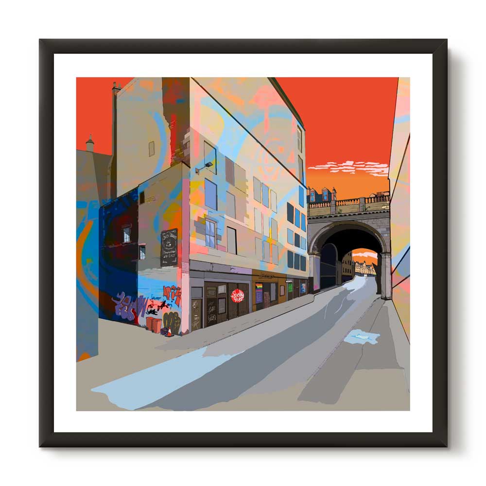 This print illustrates Edinburgh's Cowgate with Sneeky Pete's club. 
