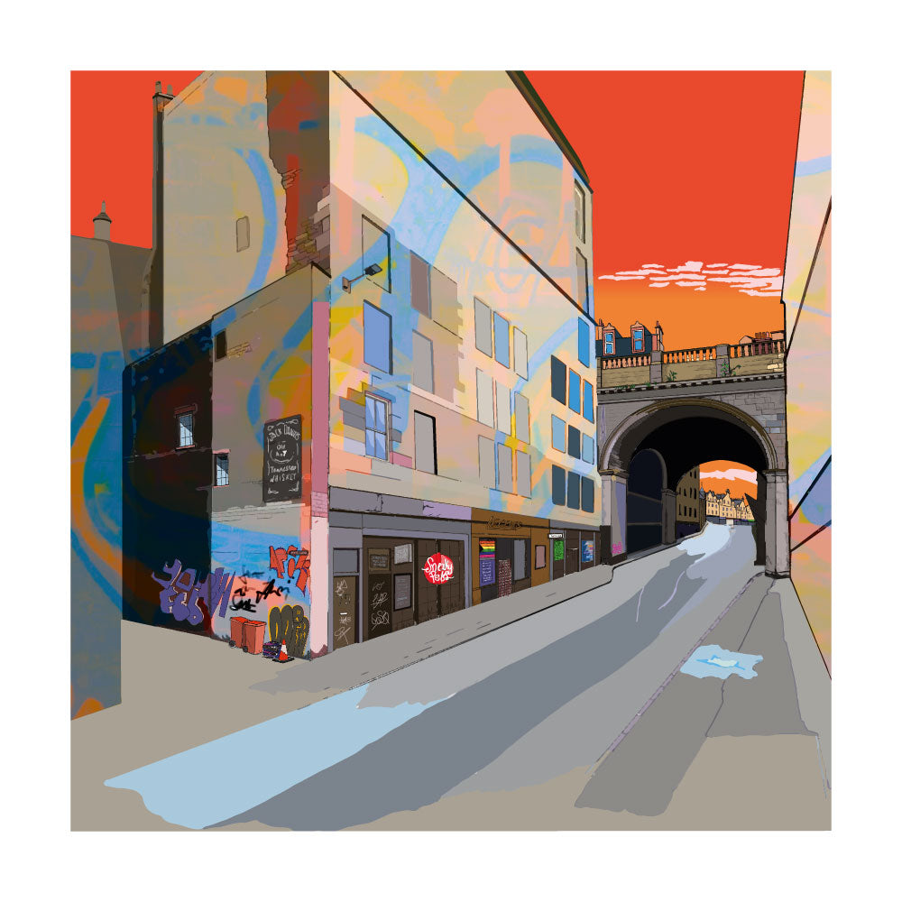 This print illustrates Edinburgh's Cowgate with Sneeky Pete's club.