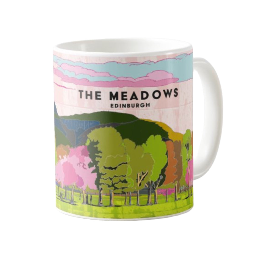 Classic mug featuring a striking panoramic artwork of The Meadows with Arthurs Seat, Edinburgh