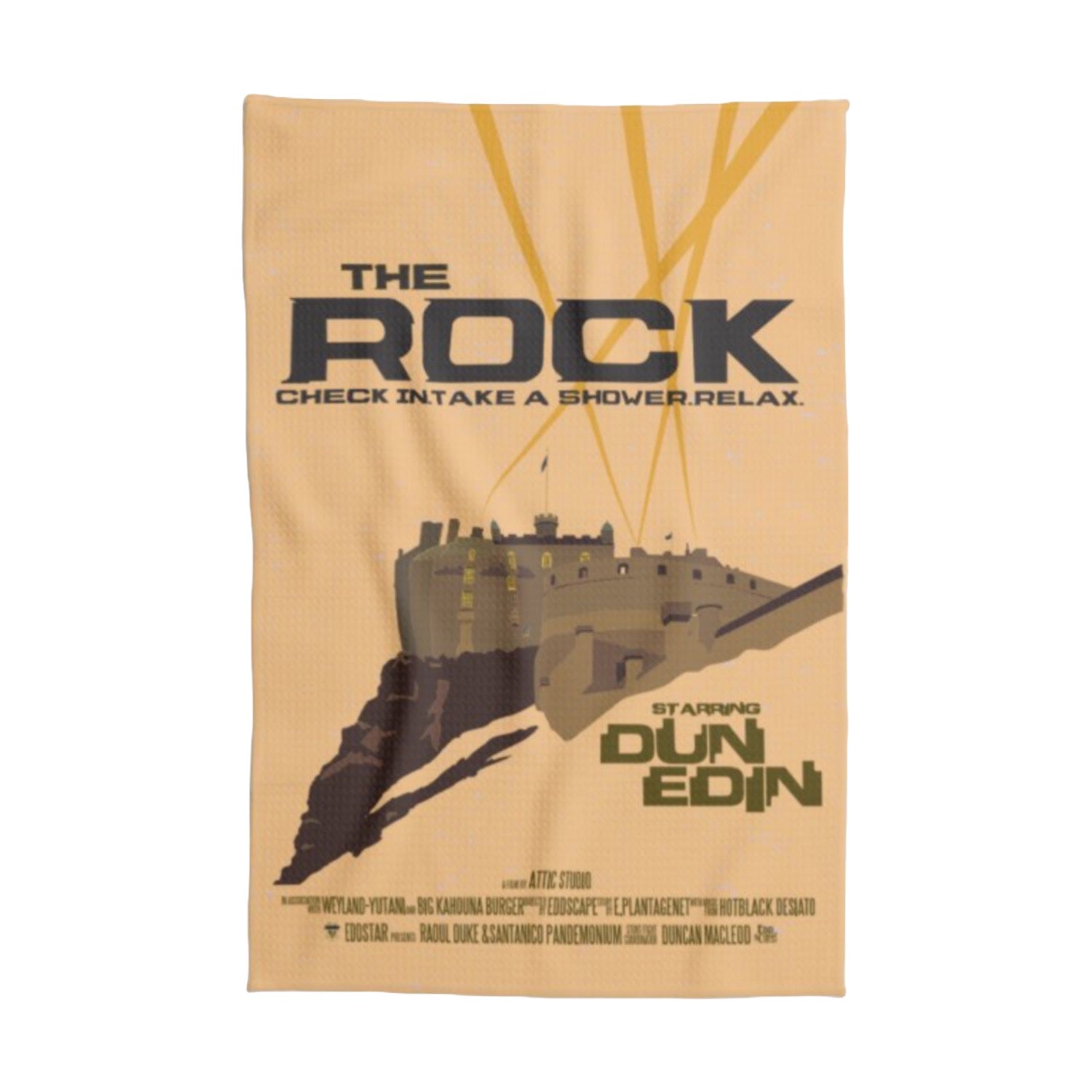 This tea towel features a movie poster design with an illustration of Edinburgh Castle. 