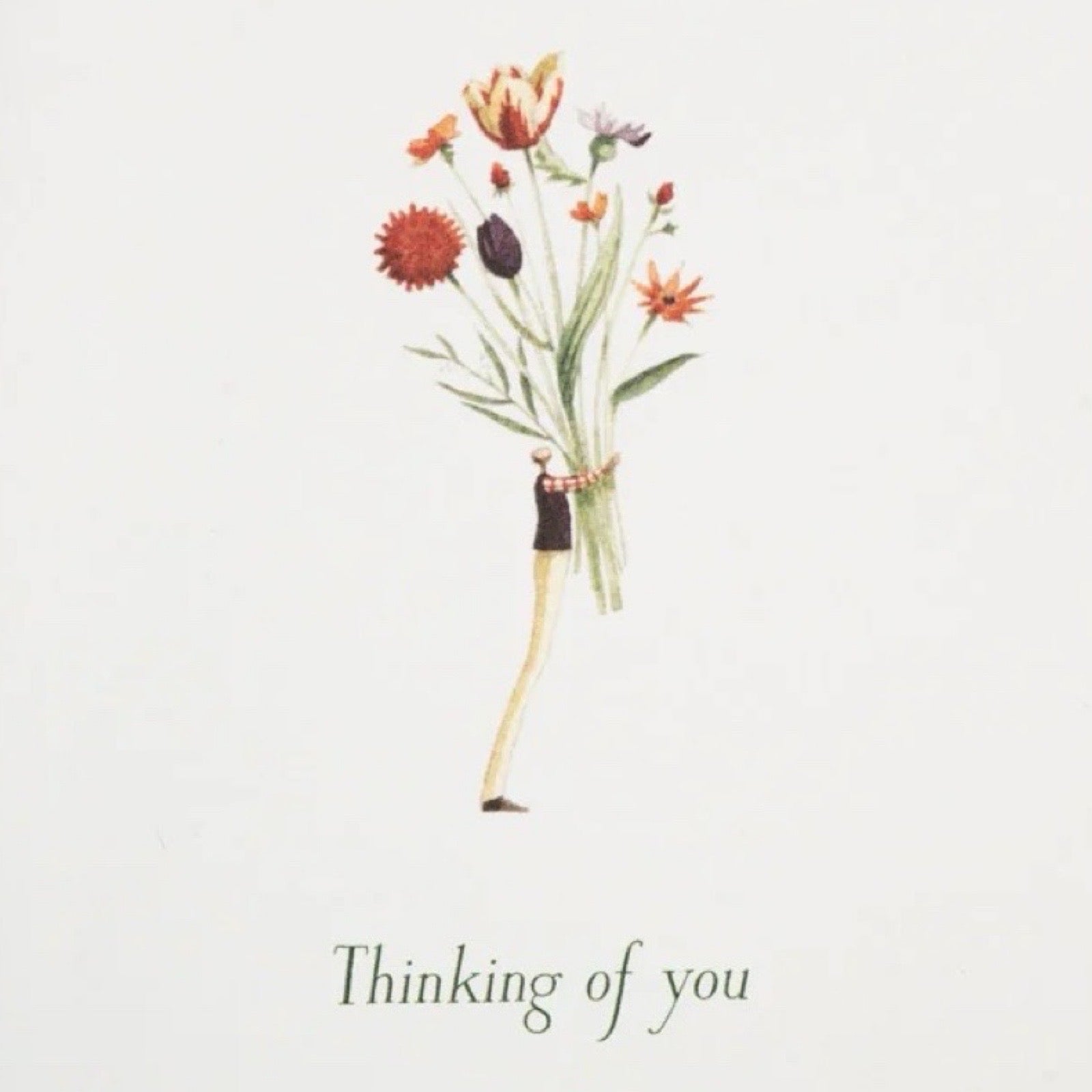 Bouquet of flowers with a stick figure holding it, on a light background with 'Thinking of you' text.