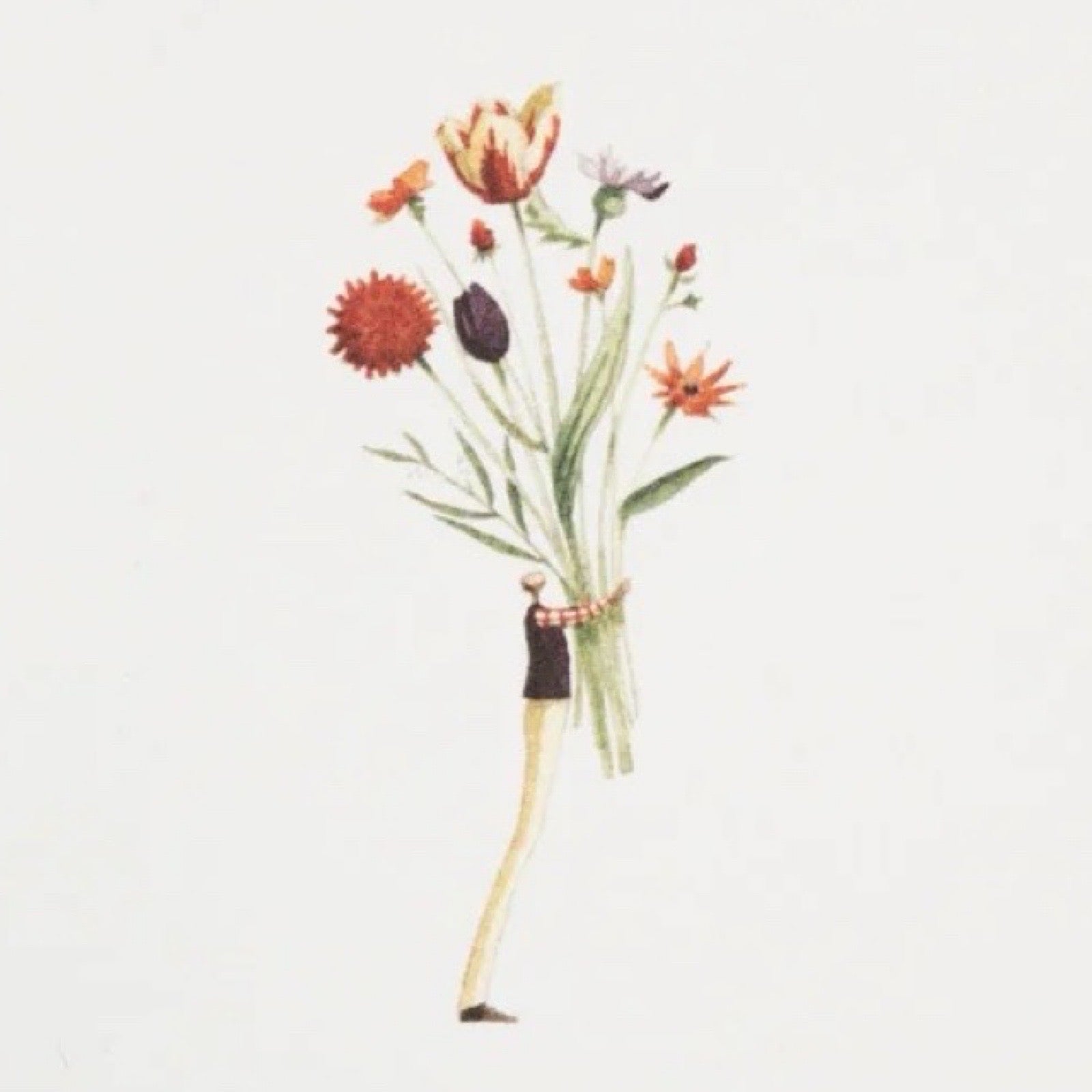 Illustration of a person holding a bouquet of flowers against a white background.