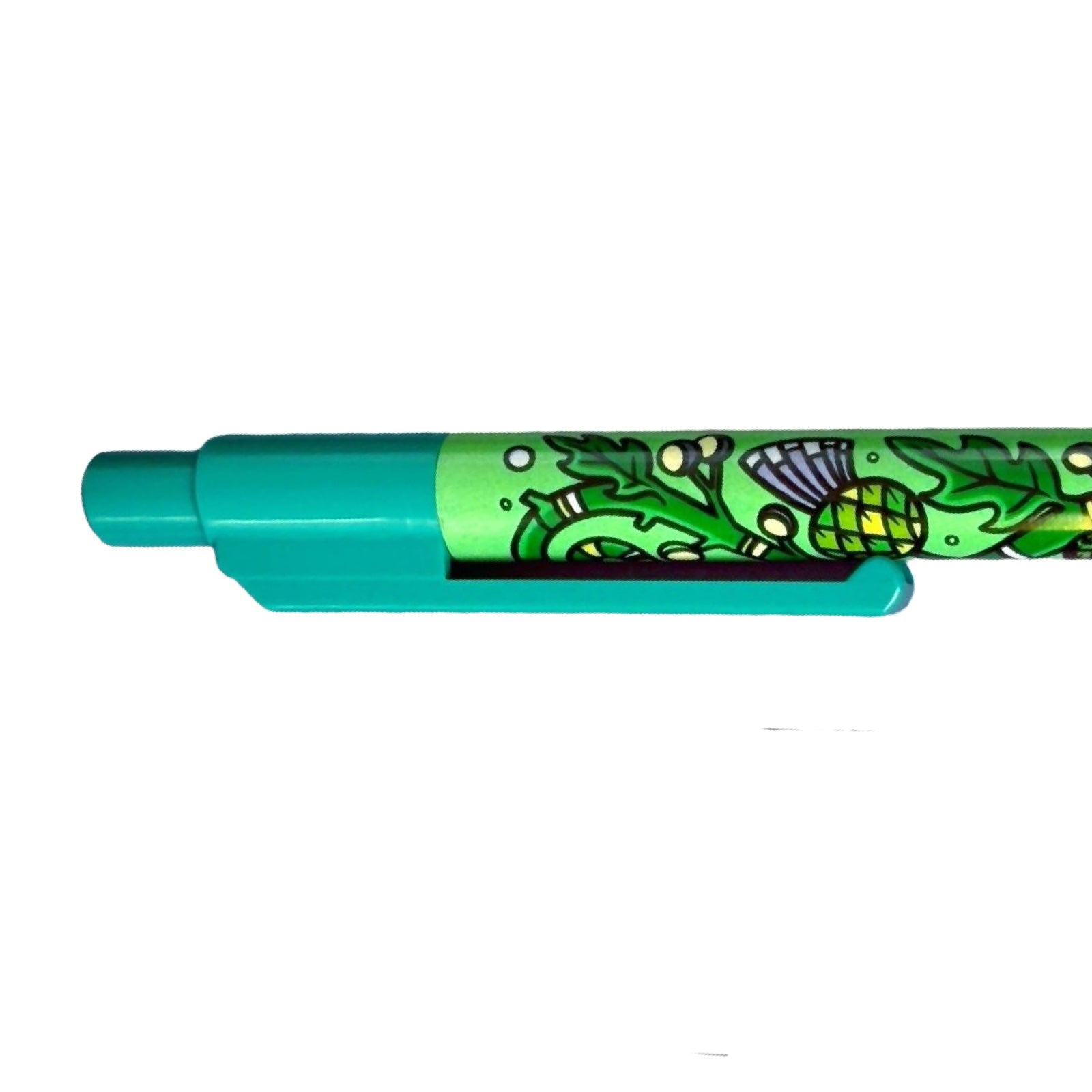 Green and teal pen with a cartoon character design on a white background.