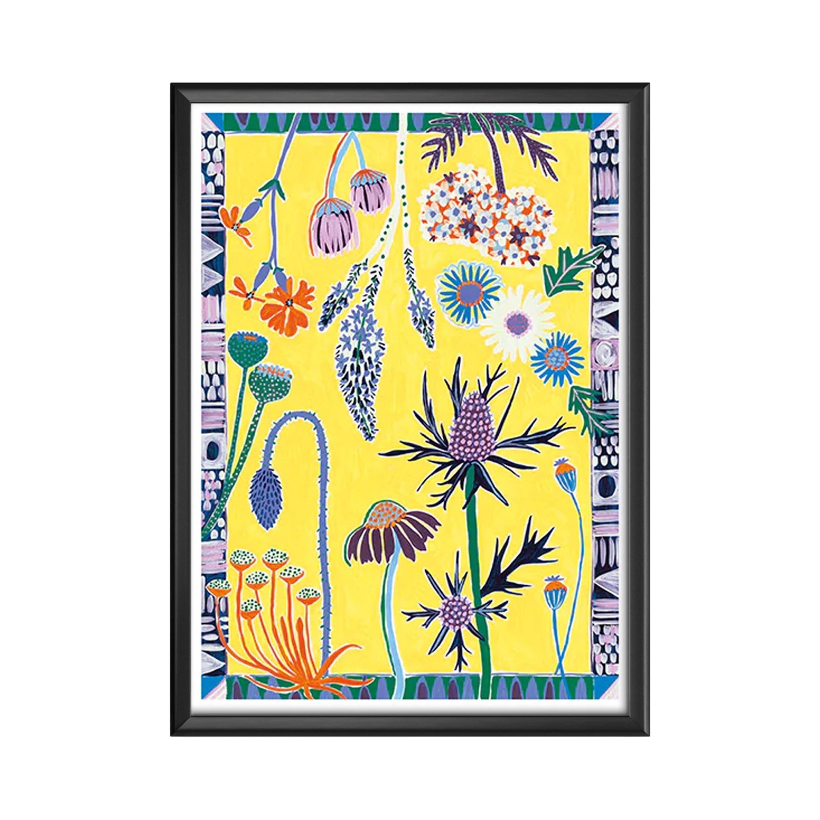 Yellow print reproduced from an original painting featuring purple thistles and other colourful flowers.