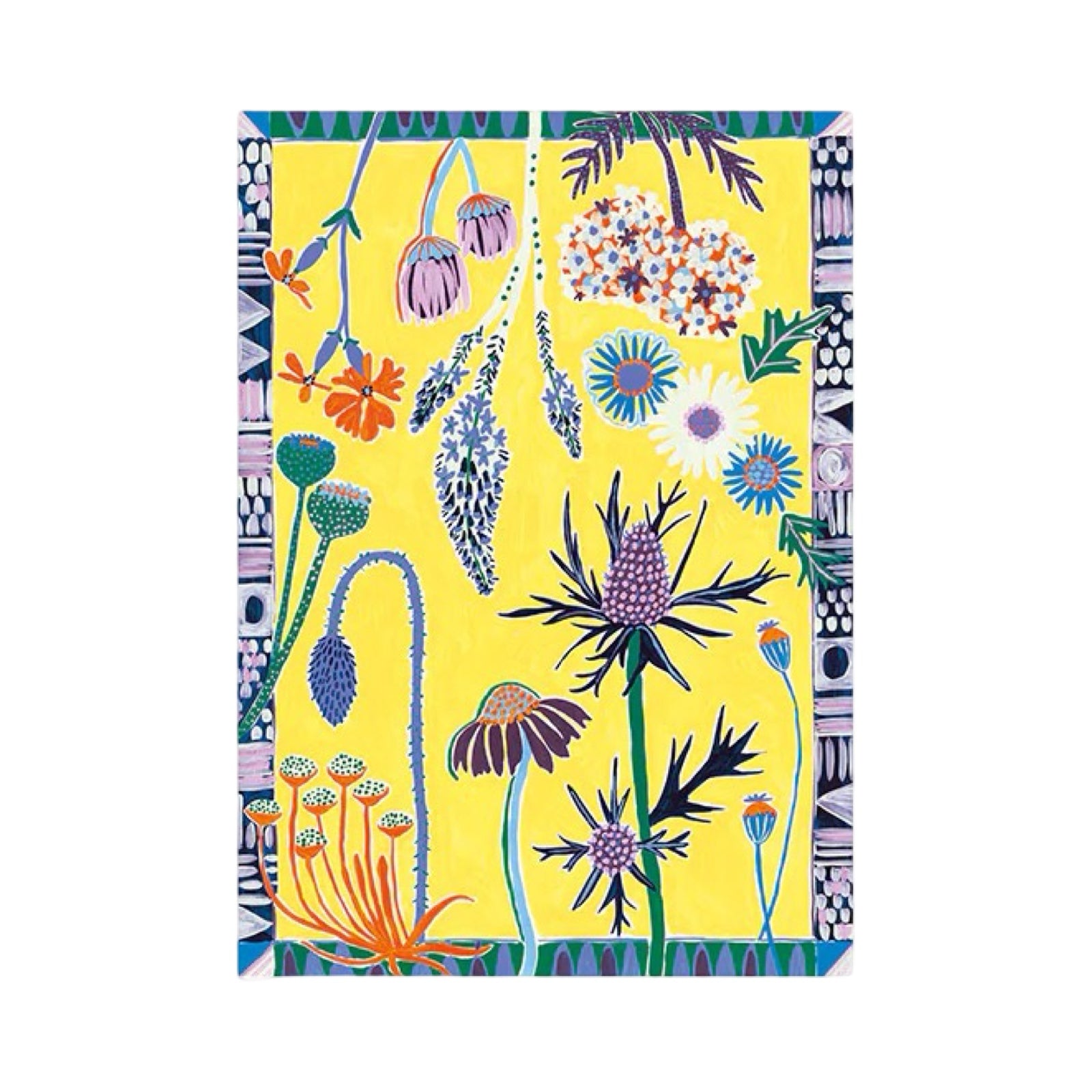 Yellow print reproduced from an original painting featuring purple thistles and other colourful flowers.