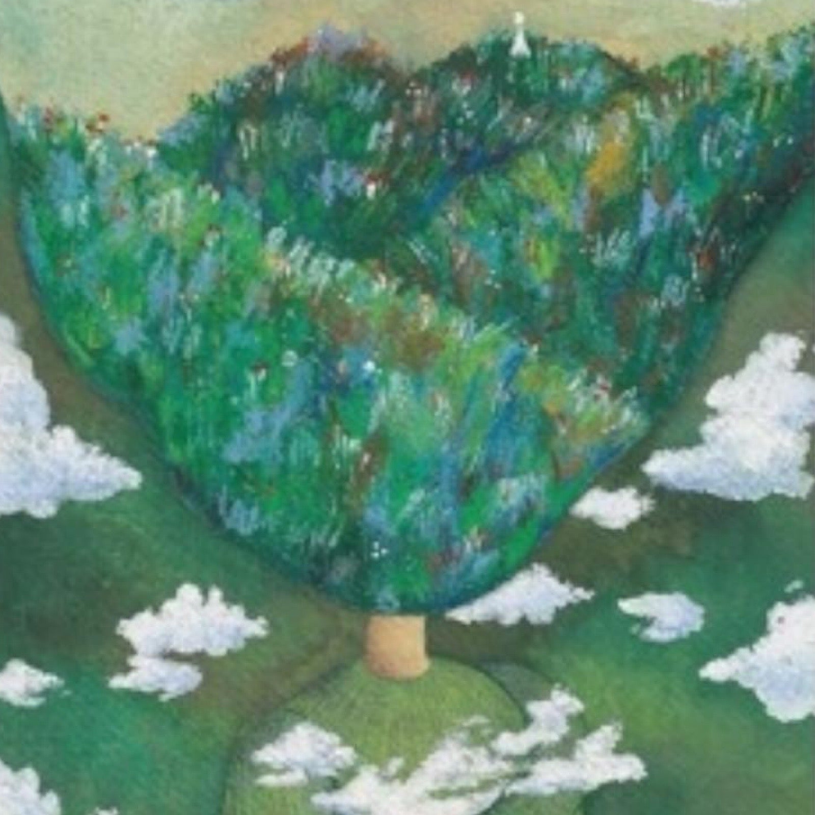 Folk print of a person dressed in green with a forest for a head surrounded by clouds.