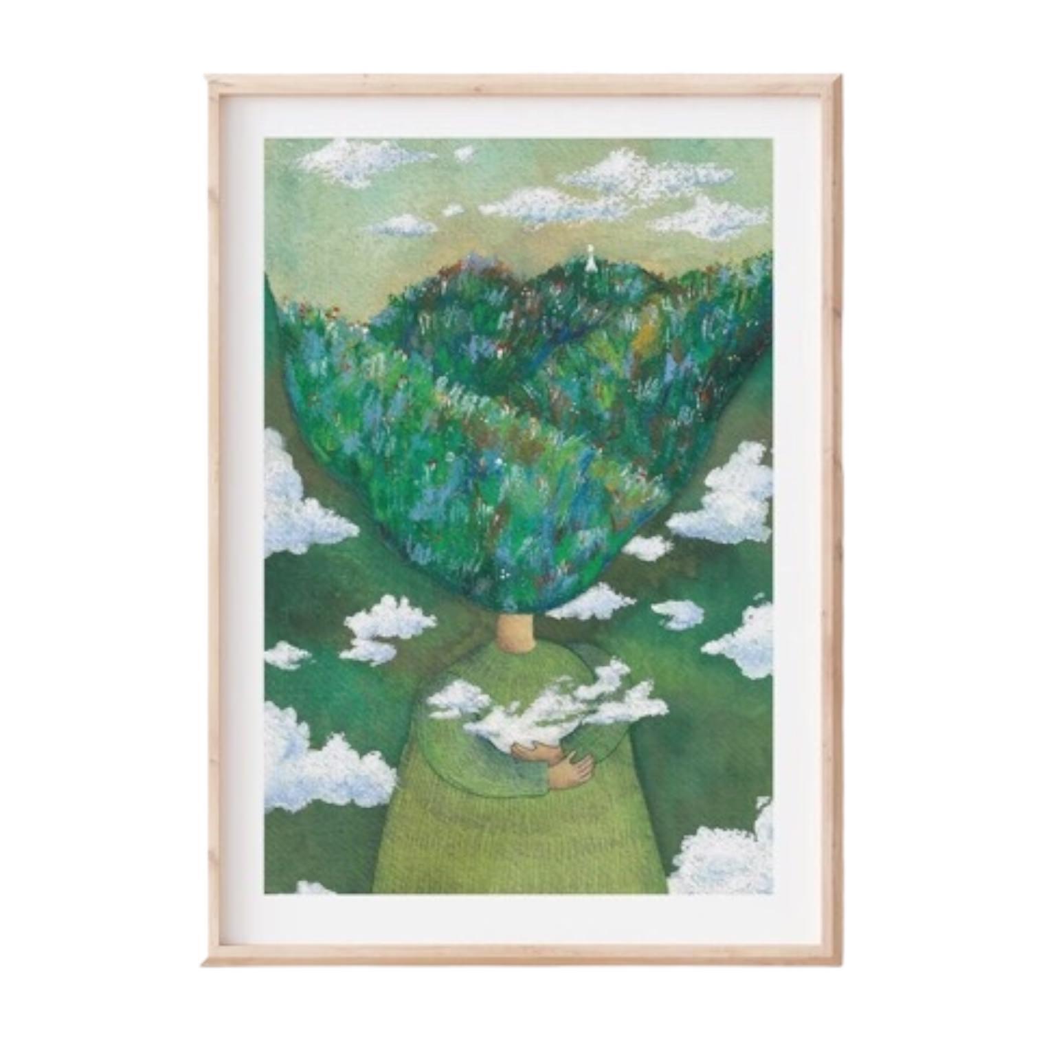 Folk print of a person dressed in green with a forest for a head surrounded by clouds.