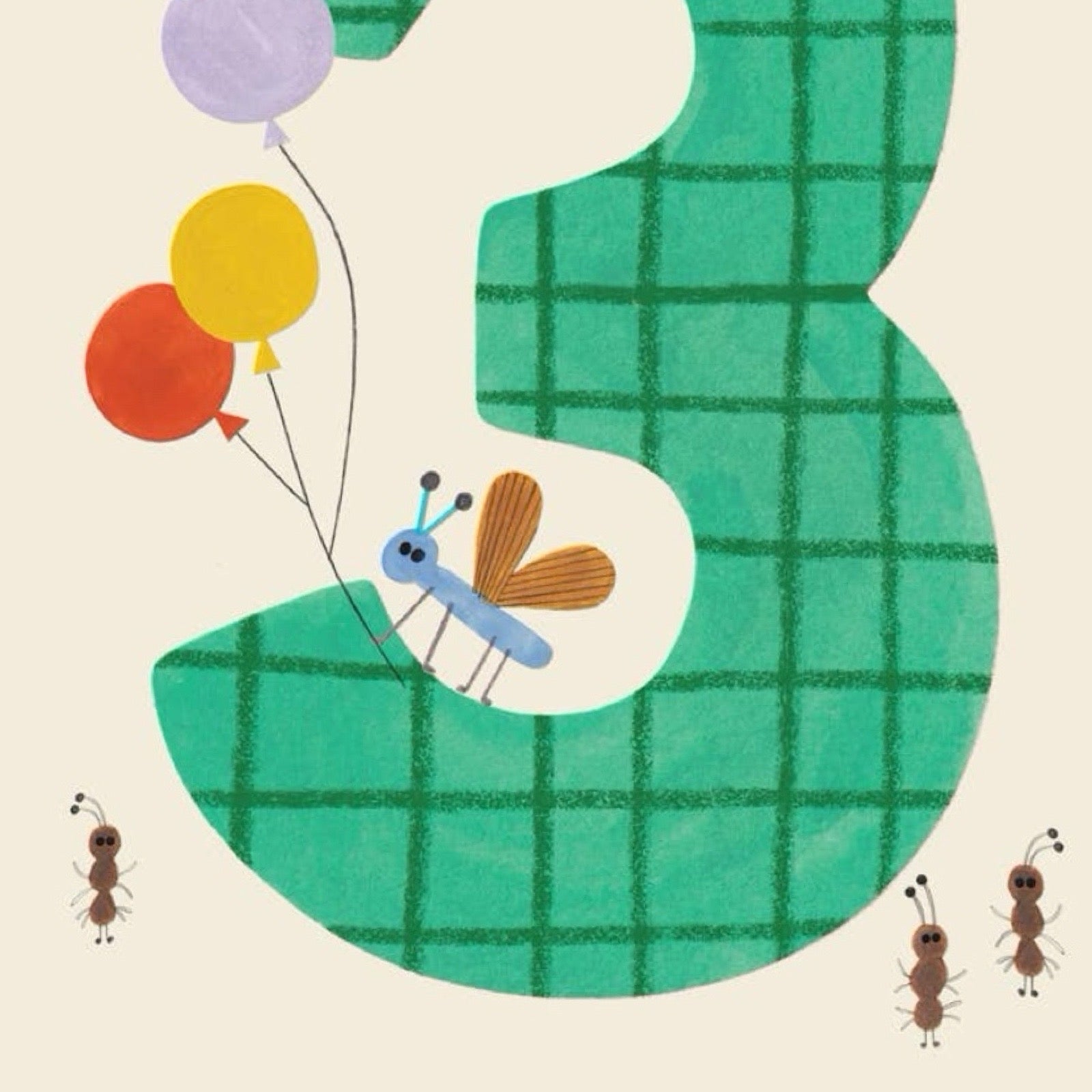 Illustration of a number three with balloons, surrounded by ants and insects on a beige background.