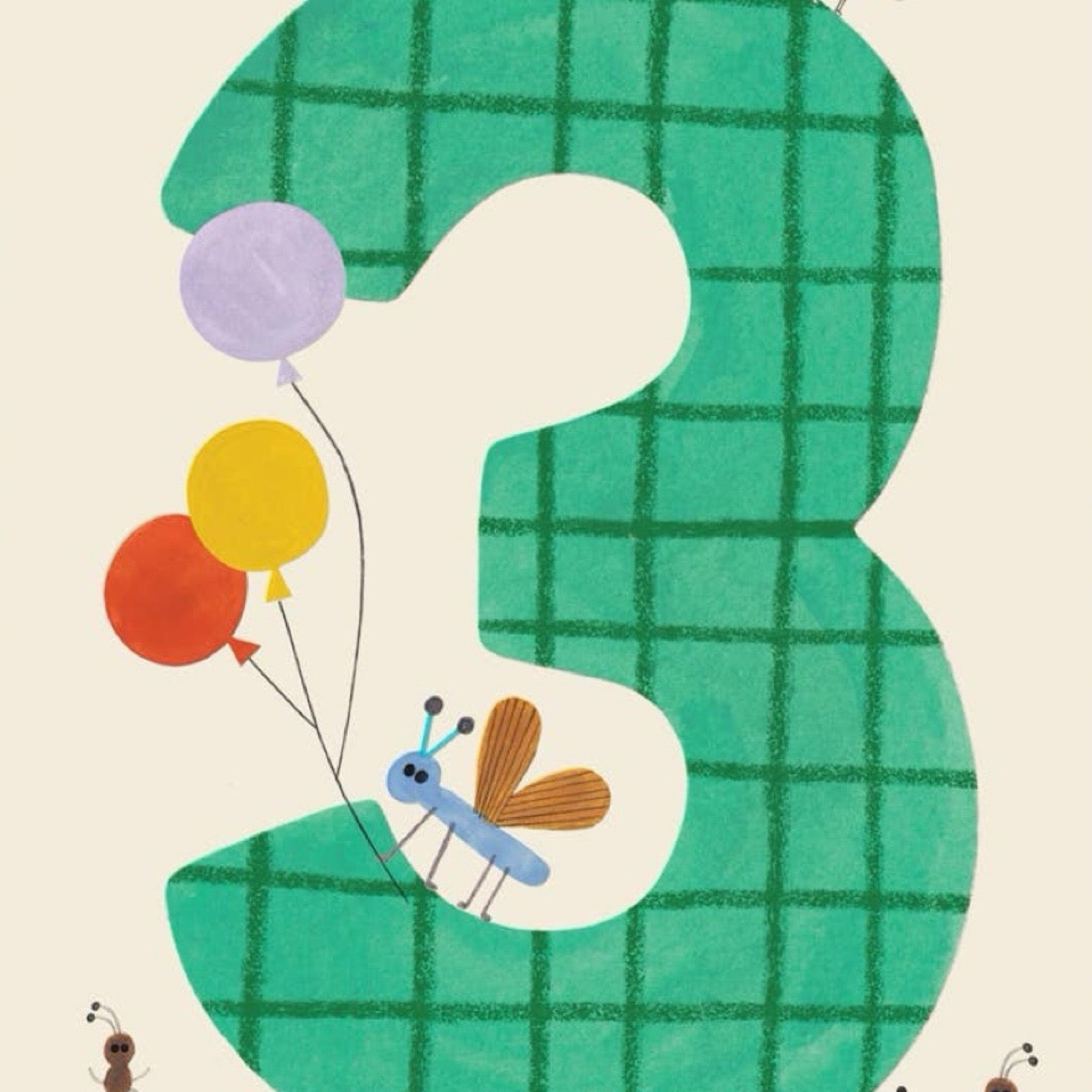 A gorgeous number 3 age card featuring a green 3 with cute insects and balloons. 