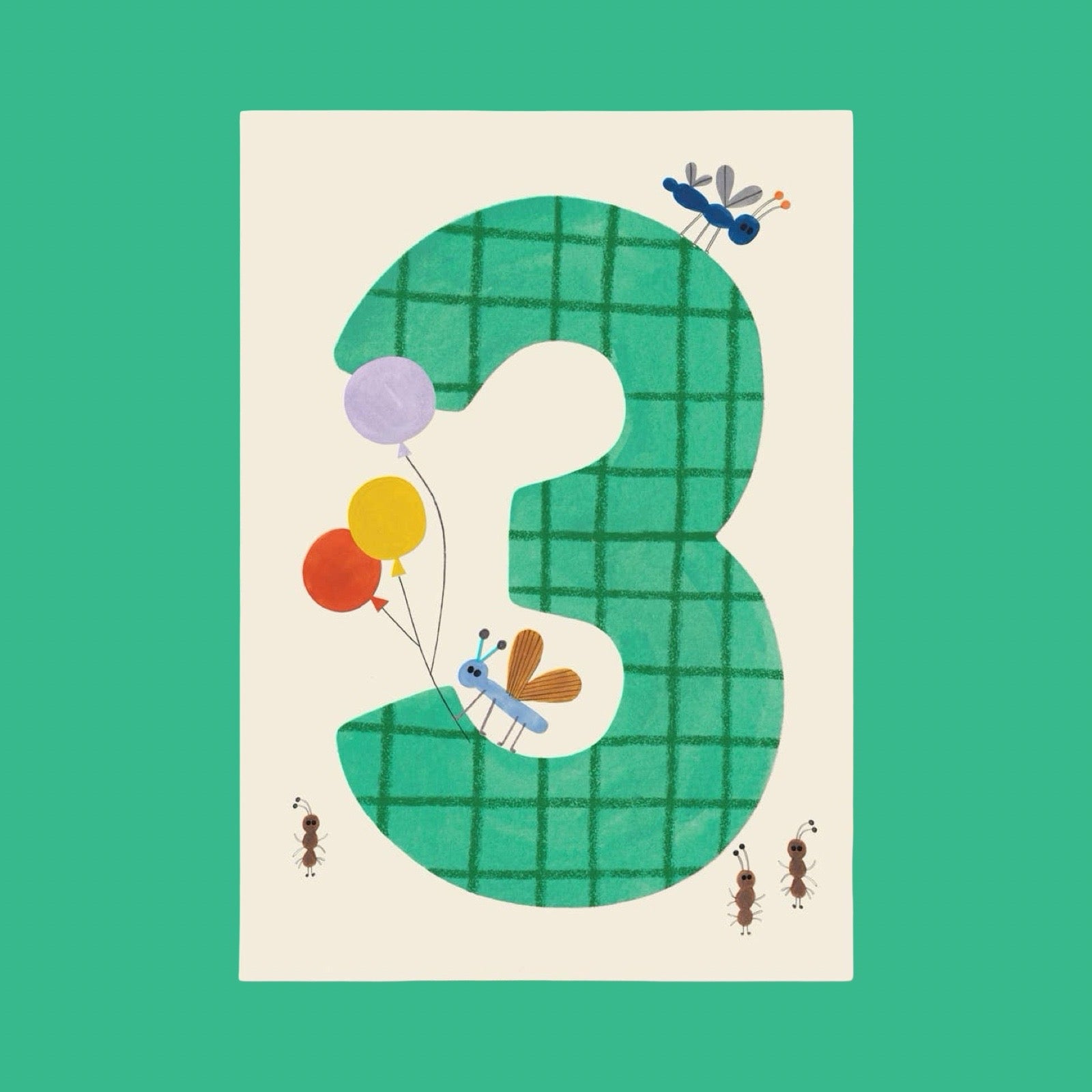 Card with an illustration of the number '3' with colourful balloons and insects on a green background.