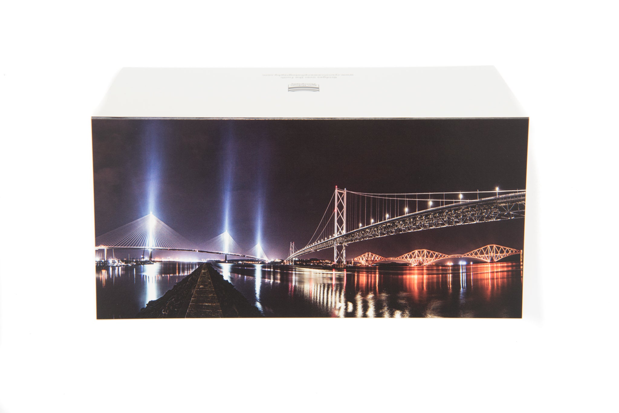 A view of the three bridges over the Forth on a card. 