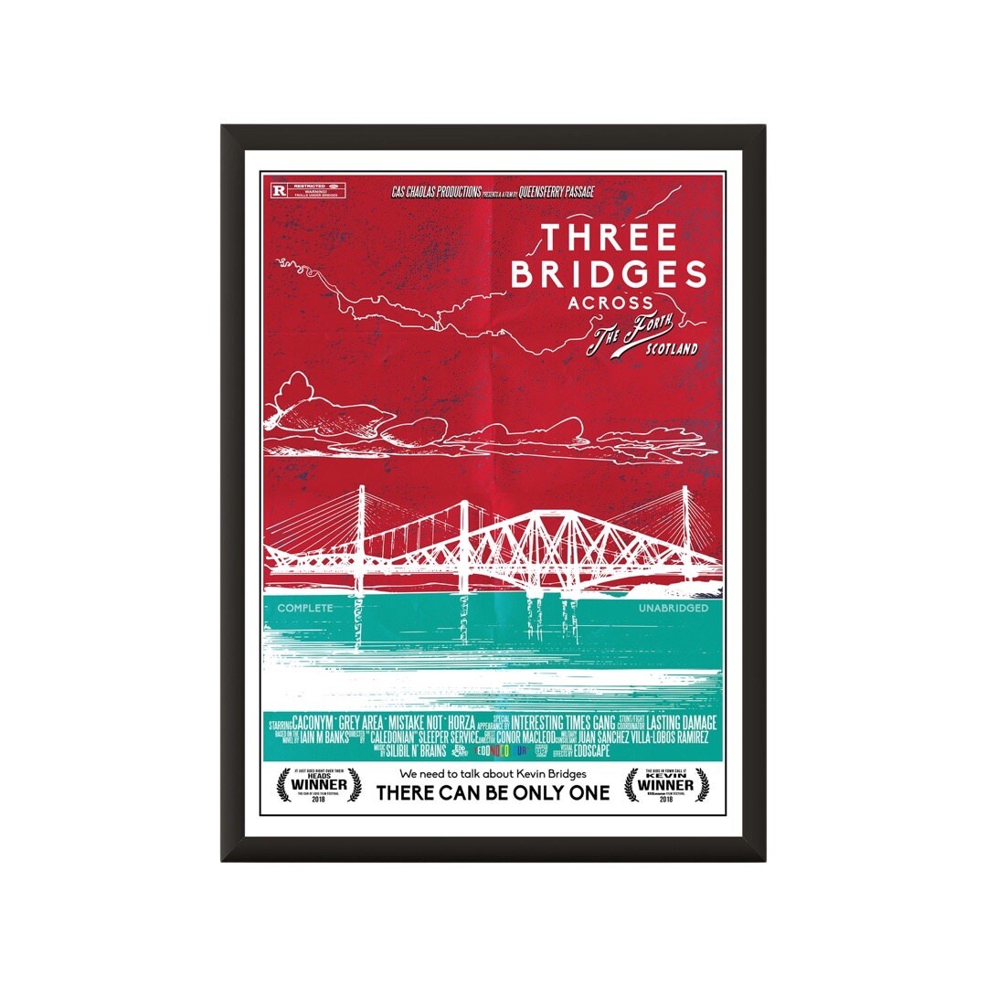 This print features a movie poster design that illustrates the three Forth Bridges near Edinburgh