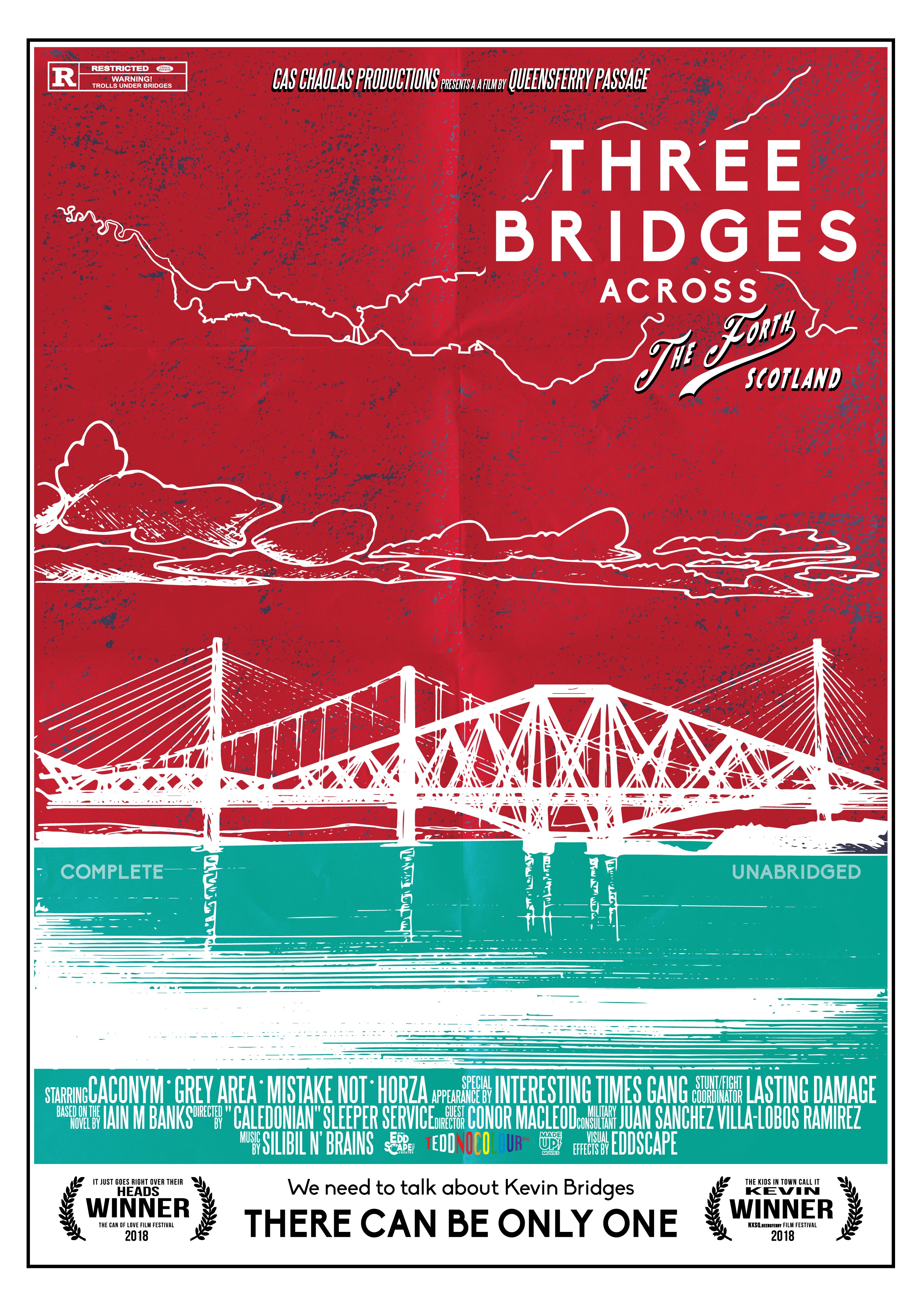 This print features a movie poster design that illustrates the three Forth Bridges near Edinburgh