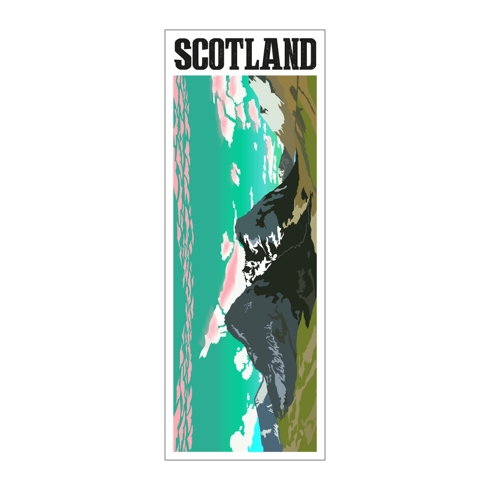 Bookmark featuring a panoramic landscape illustration of the the three sisters peaks in Glen Coe, Scotland.