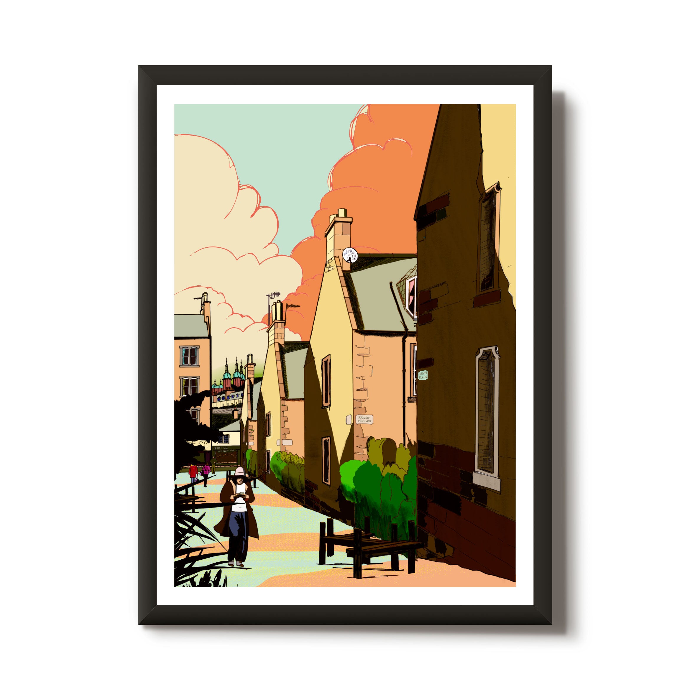 This print illustrates the view looking down Dalry Place, through the colony houses in Haymarket, Edinburgh.