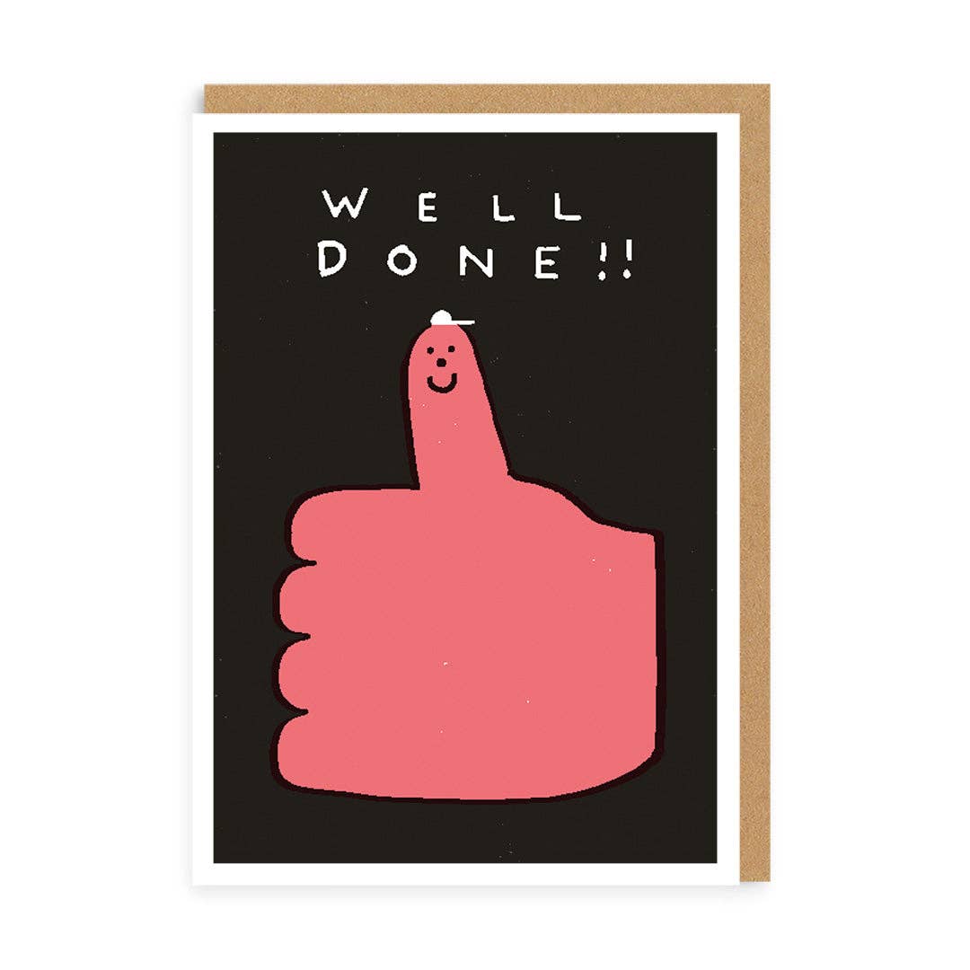 Congratulations card featuring a giant red hand in the thumbs up position, the thumb has a smiling face and a small hat, complete with the text 'Well Done'.