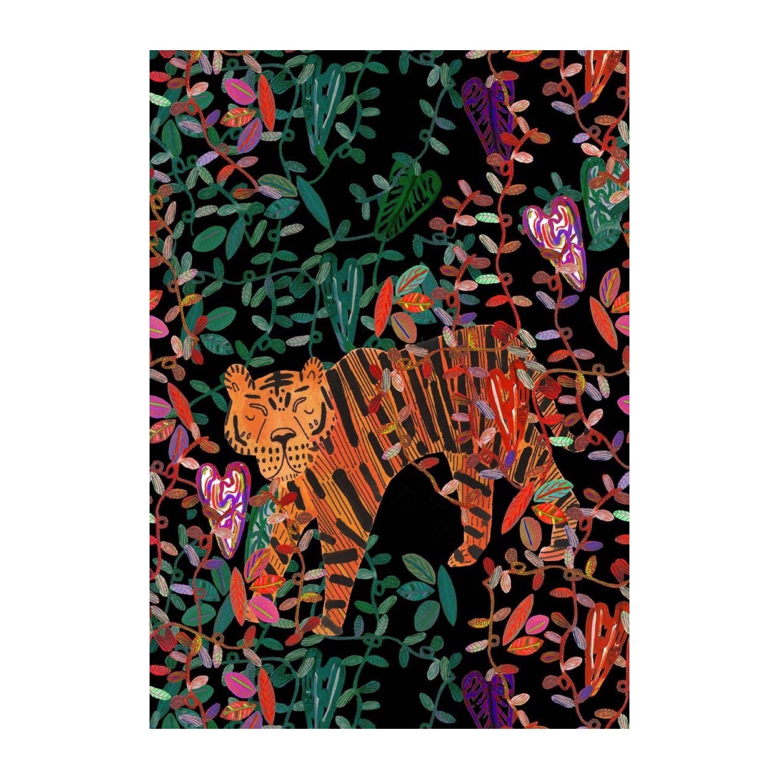 This art print features a tiger surrounded by jungle leaves and plants against a black background