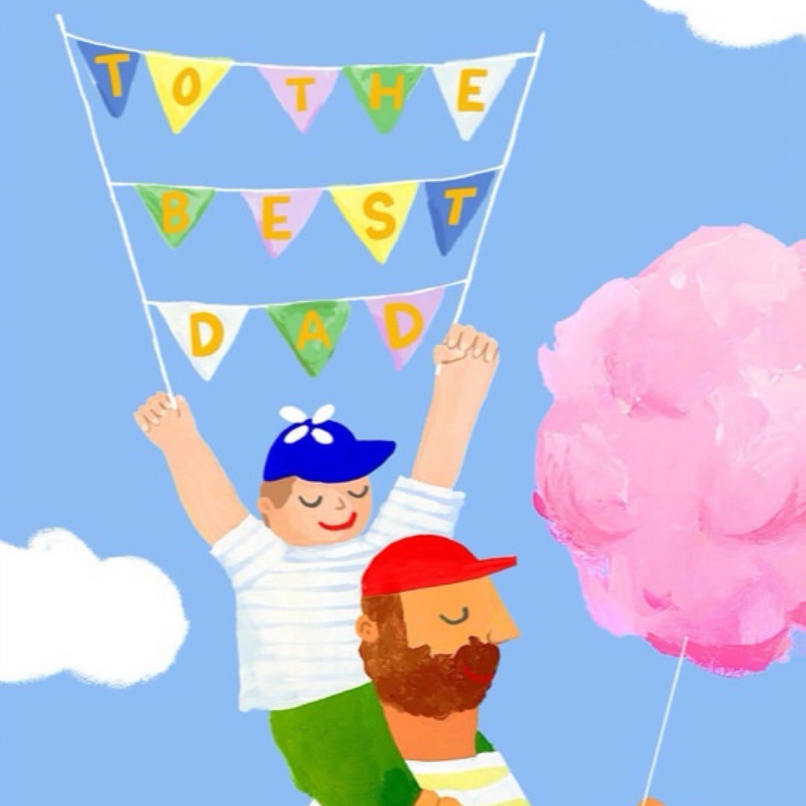Father's Day card featuring an illustration of a child being carried on their dad’s shoulders carrying some bunting with the text ‘To the best dad’ on the bunting.
