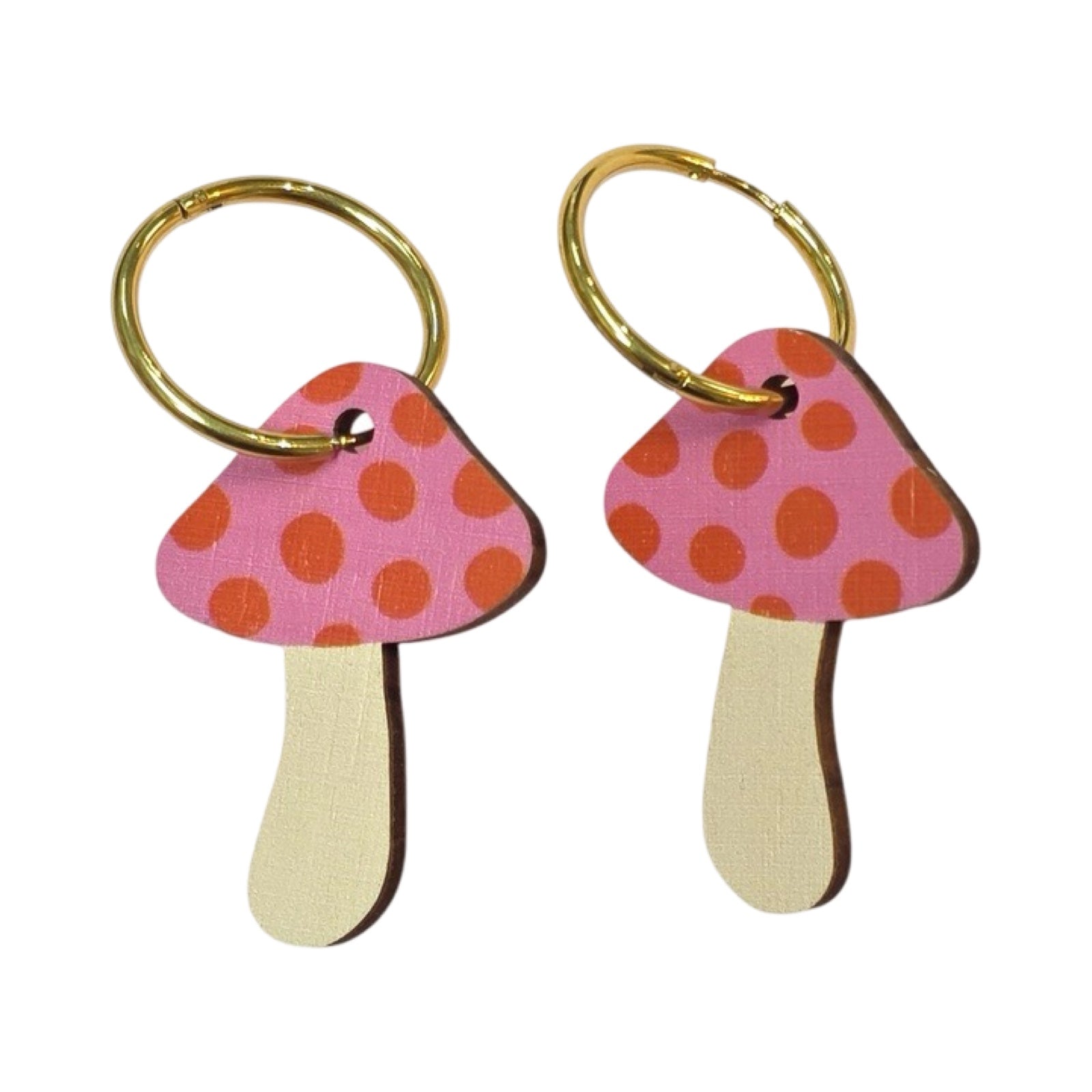 Toadstool shaped drop earrings in pink with red polka dot tops and gold plated stainless steel hoops.