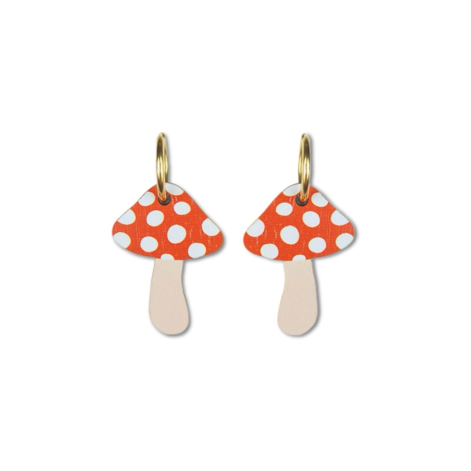 Toadstool shaped drop earrings in red with white polka dot tops and gold plated stainless steel hoops.