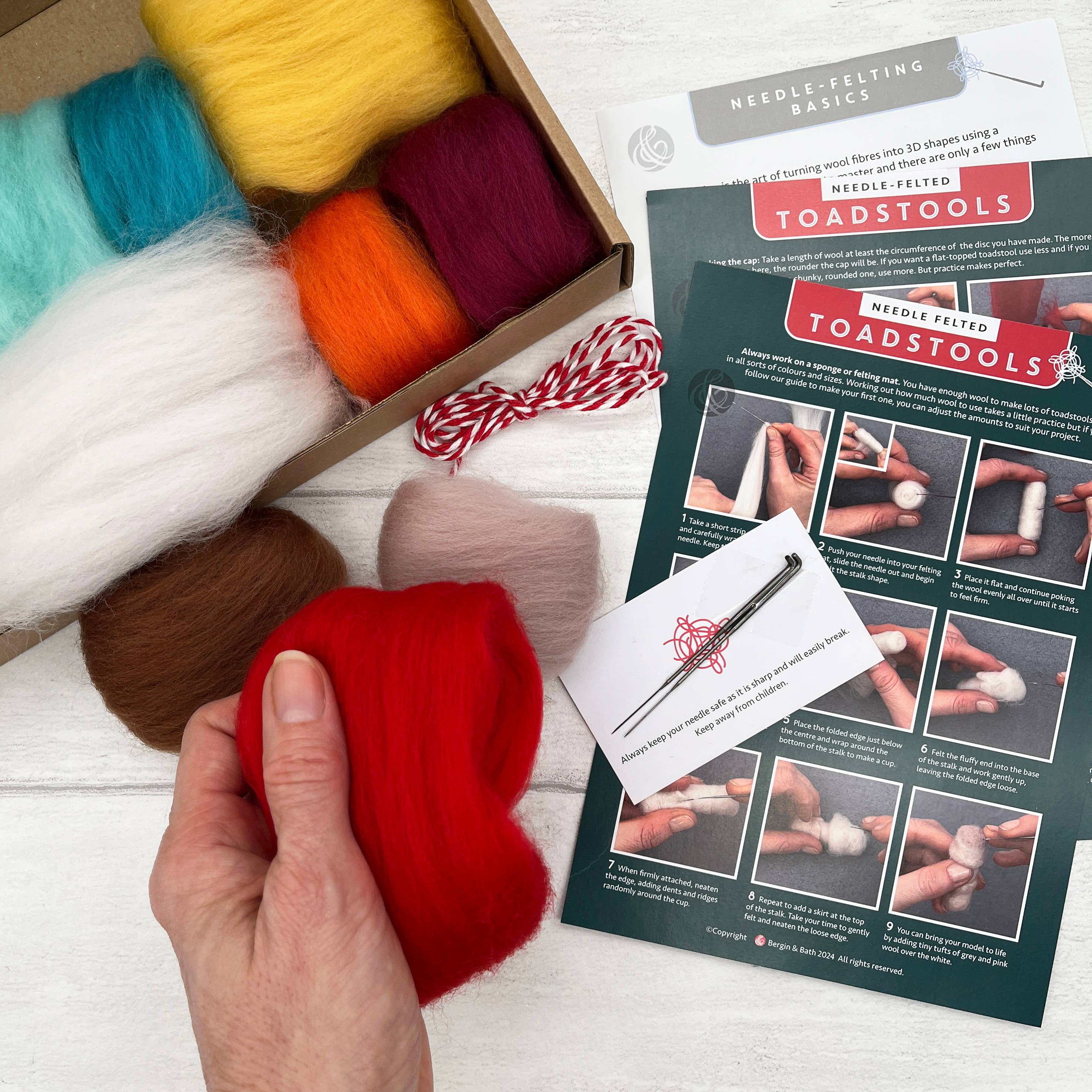 The contents of a toadstools needle felting kit, colourful yarns, needles and an instruction booklet