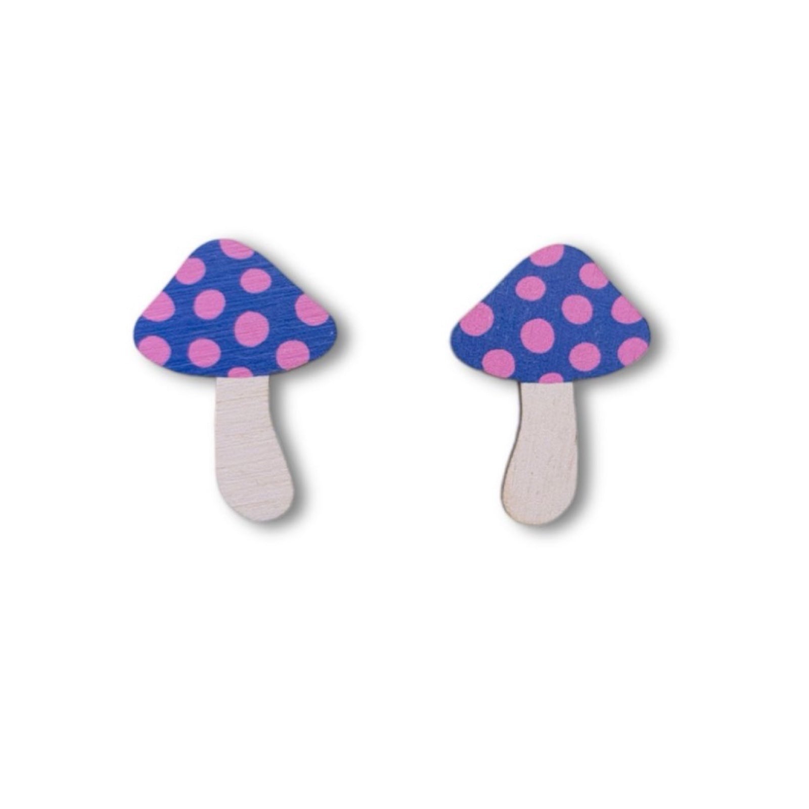 Toadstool stud earrings with blue and pink spotty tops