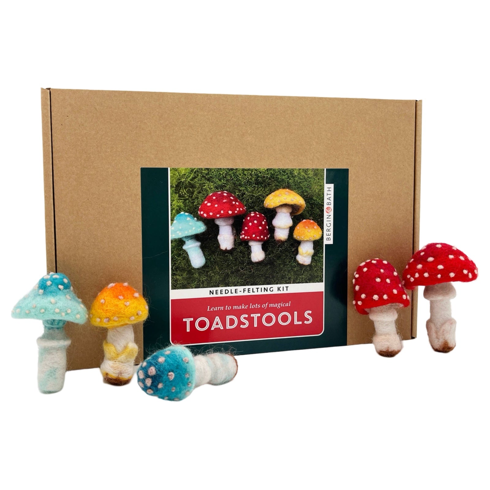 A brown box with a picture of 5 colourful felted toadstolls