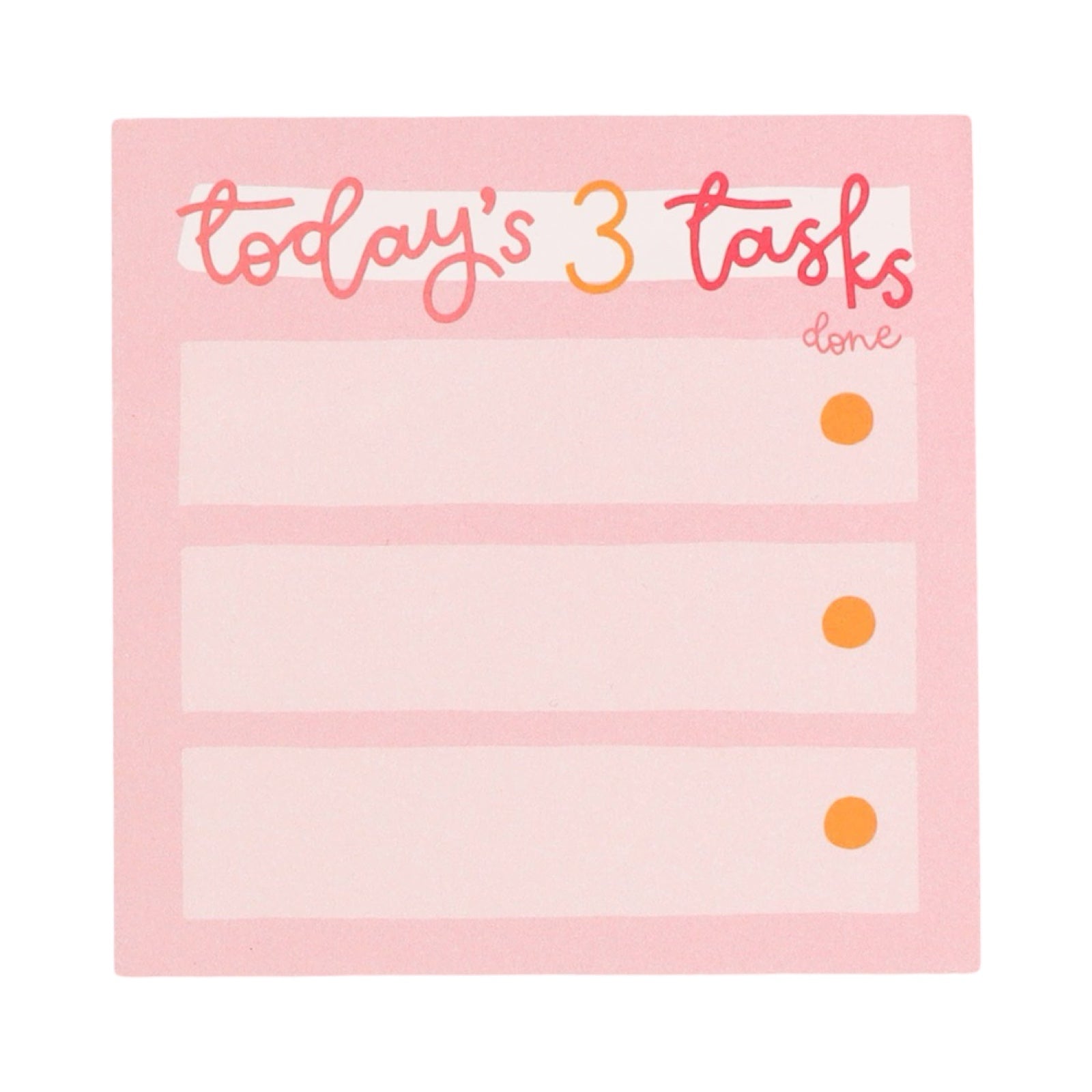 Pink notepad with 'today's 3 tasks' text and three check boxes on a white background.