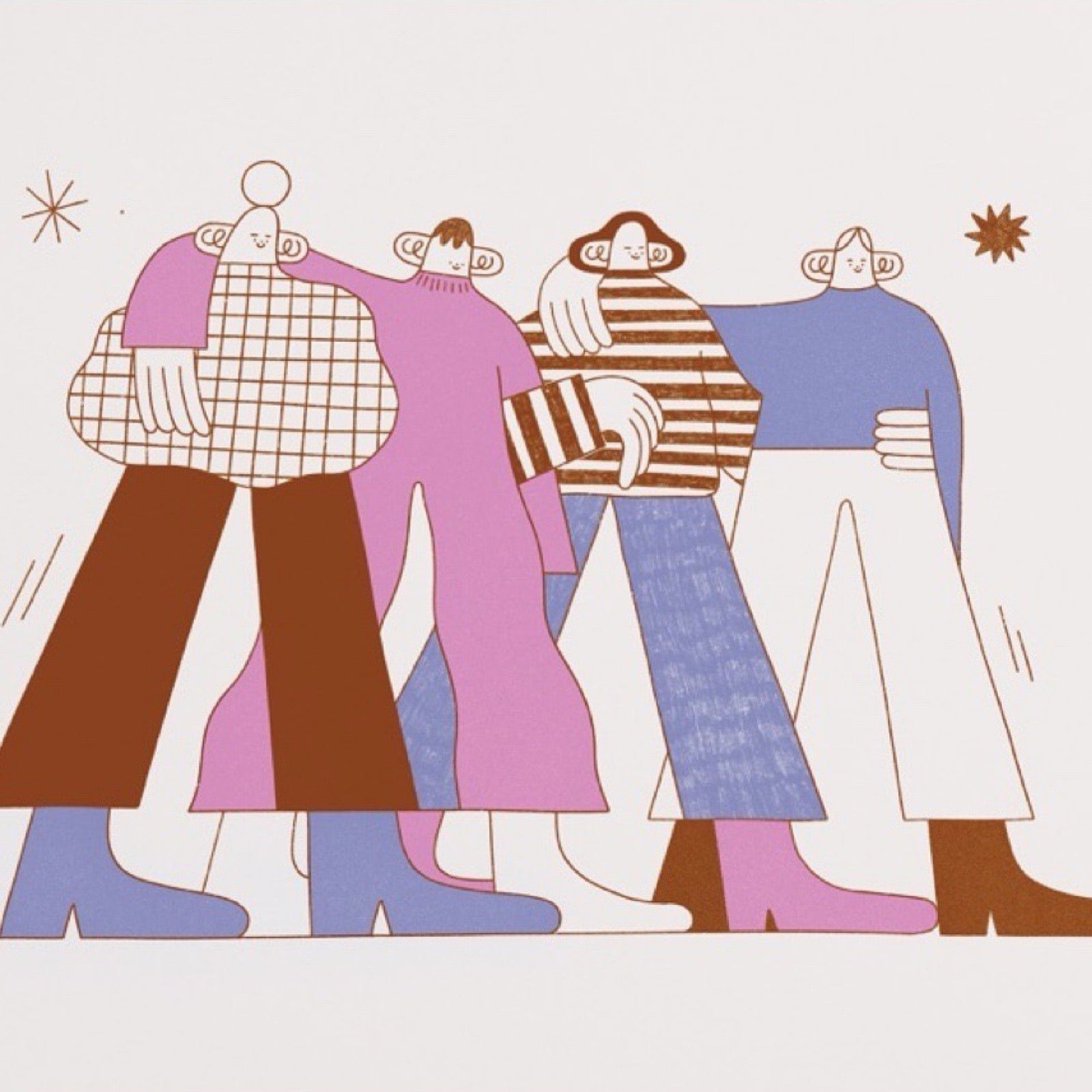 Illustration of people in multicoloured clothing on a white background.