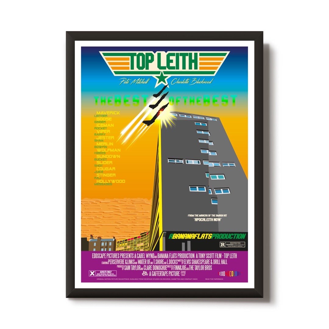 This print features a movie poster design with an illustration of the Banana Flats in Leith, Edinburgh