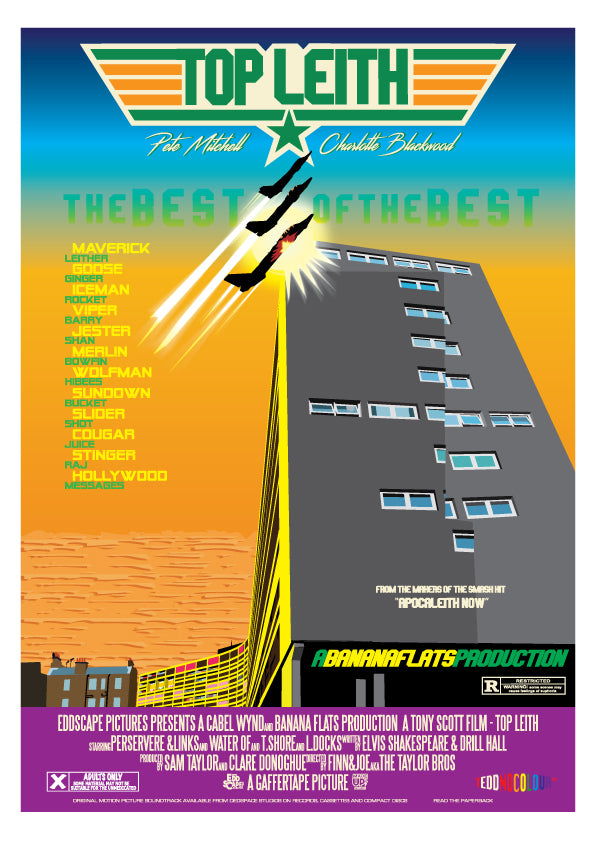 This print features a movie poster design with an illustration of the Banana Flats in Leith, Edinburgh