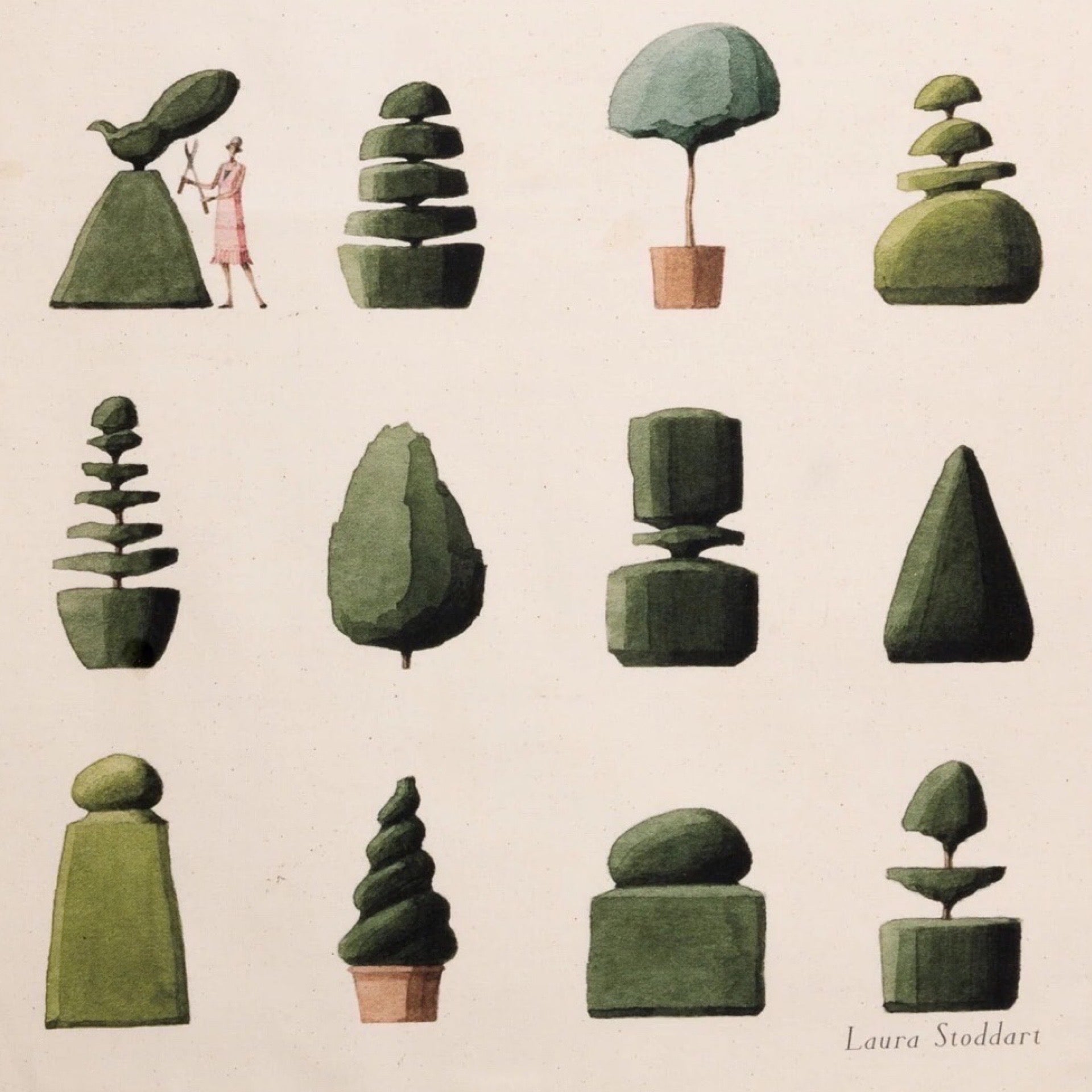 Illustrations of various green stone sculptures on a beige background, with 'Laura Stoddart' text.