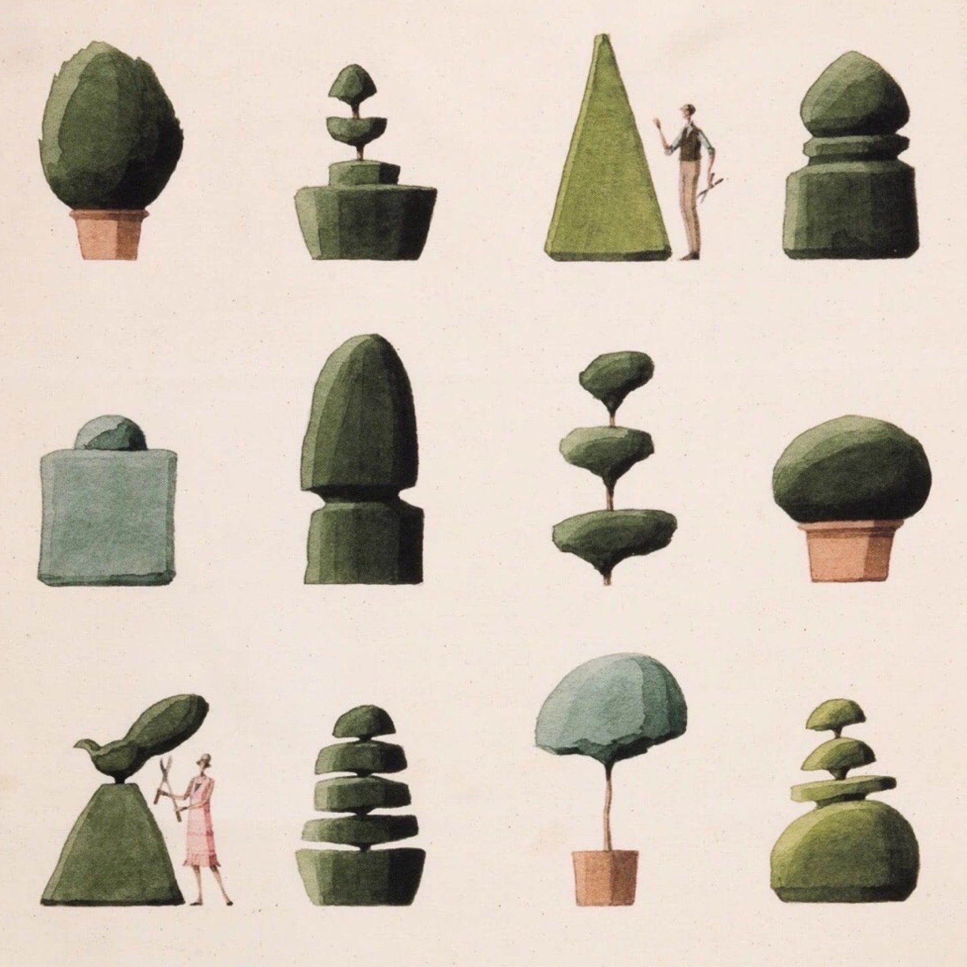 Artistic depiction of green topiary shapes with small figures interacting with them on a beige background.