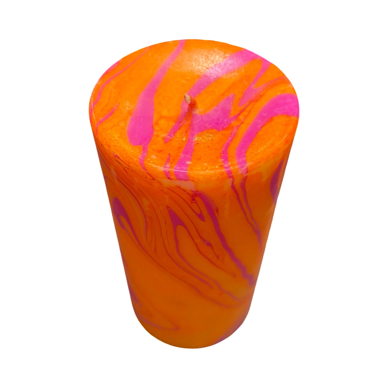 Pillar candle hand-poured with unscented soy wax and dip-dyed in orange and pastel pink to create a pretty marble swirl. 