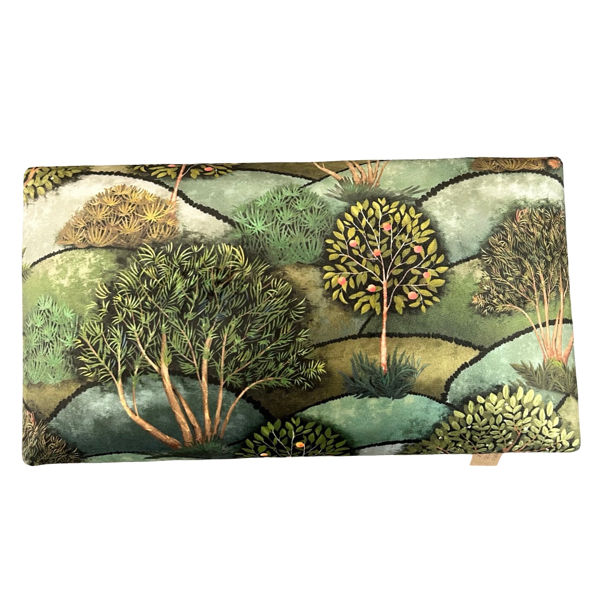 Decorative stool with green patterned fabric and wooden leg on a white background.