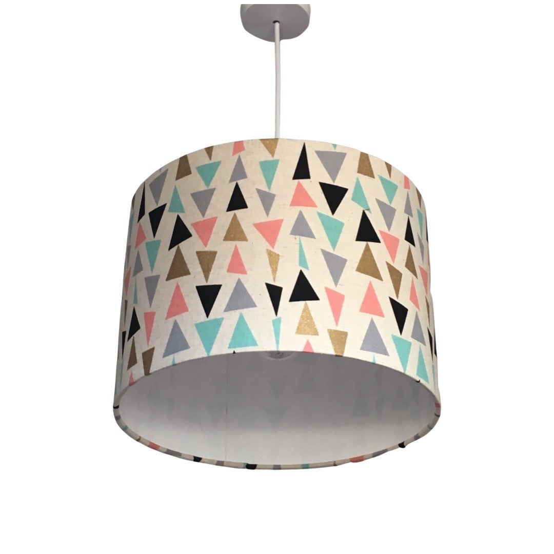 Cream drum lampshade with mint, pink, black, grey and gold triangles
