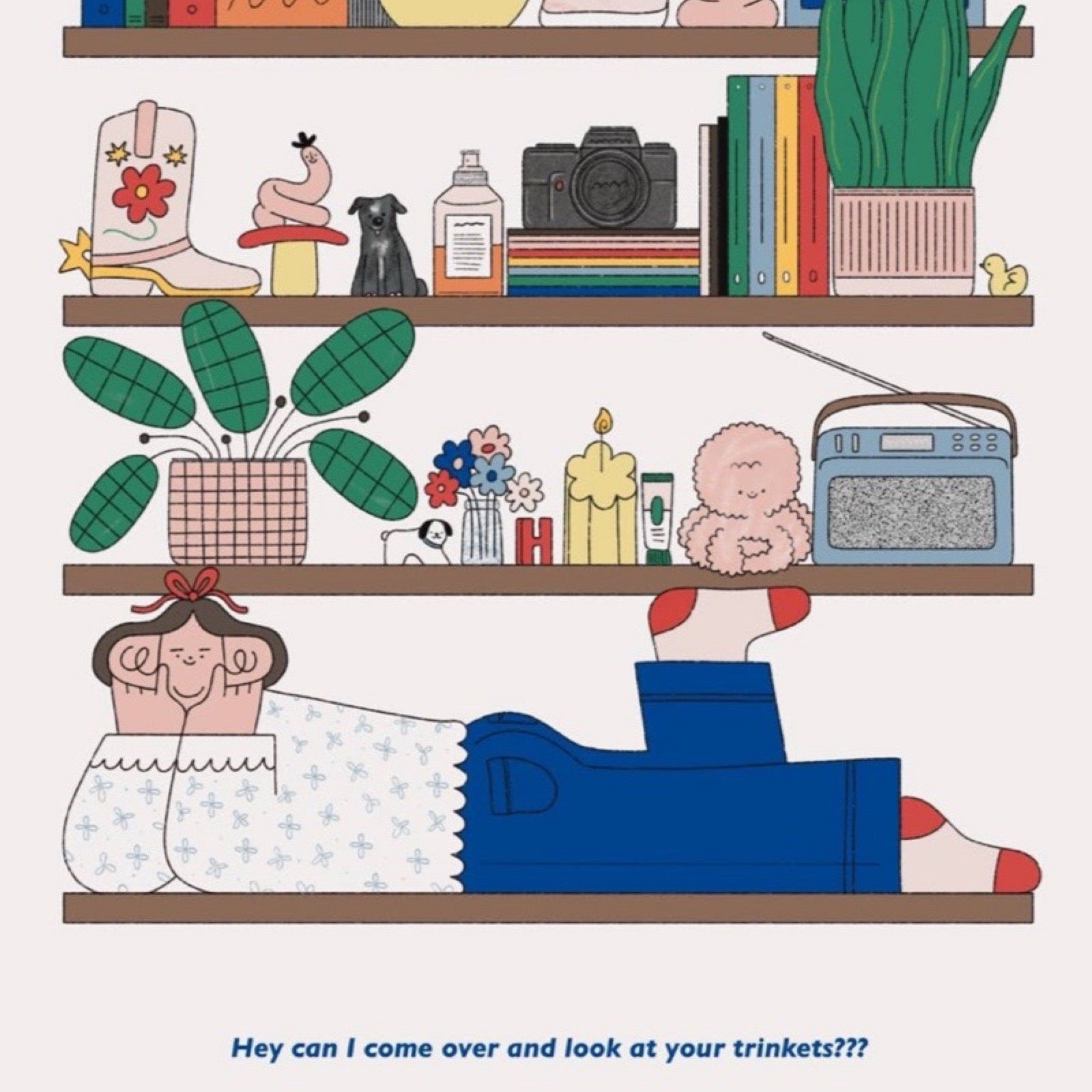 Illustration of a person lying on shelves with various trinkets and plants.
